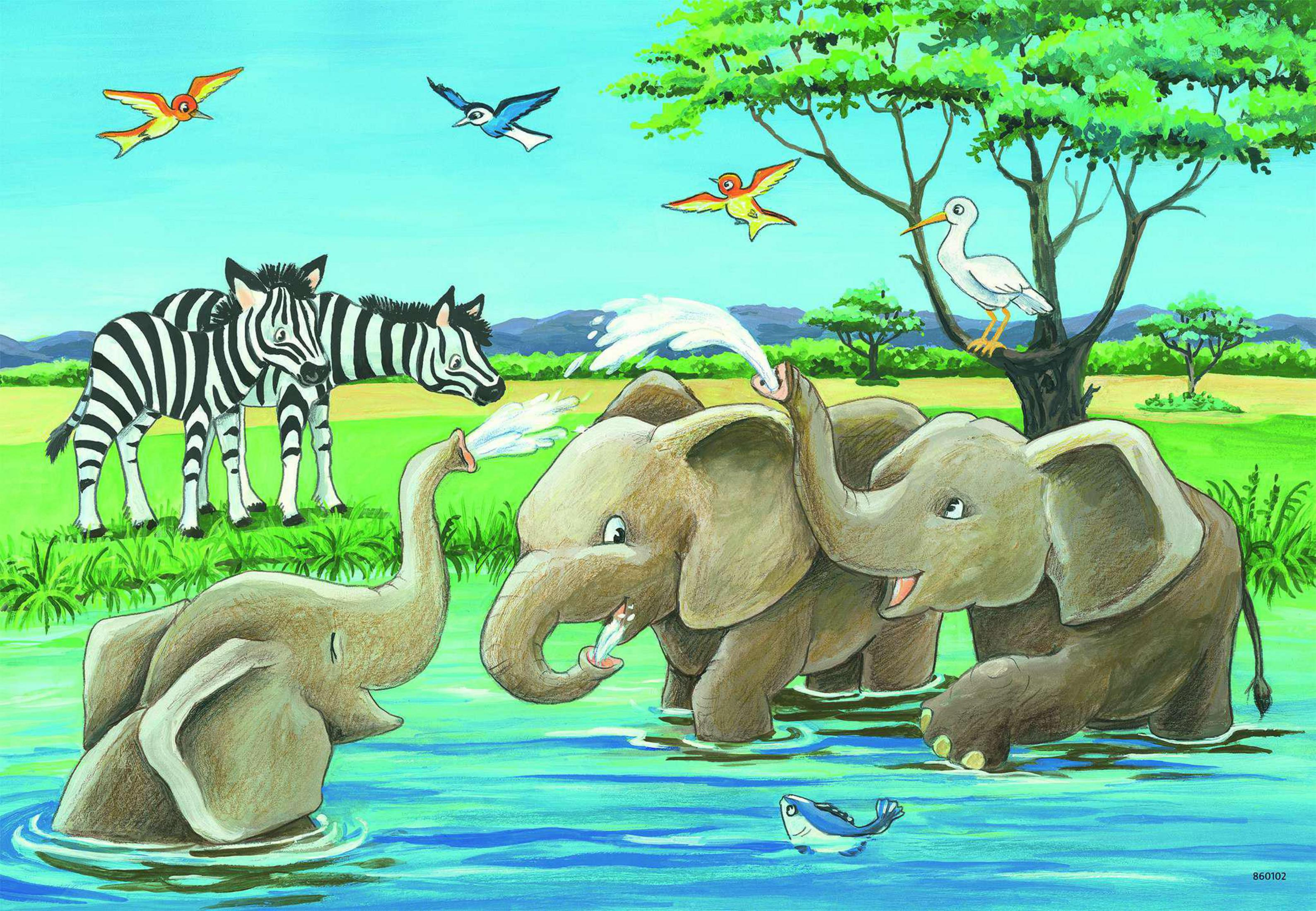 Illustration von Elefanten, die sich gegenseitig Wasser zusprühen, mit Zebras und Vögeln im Hintergrund.