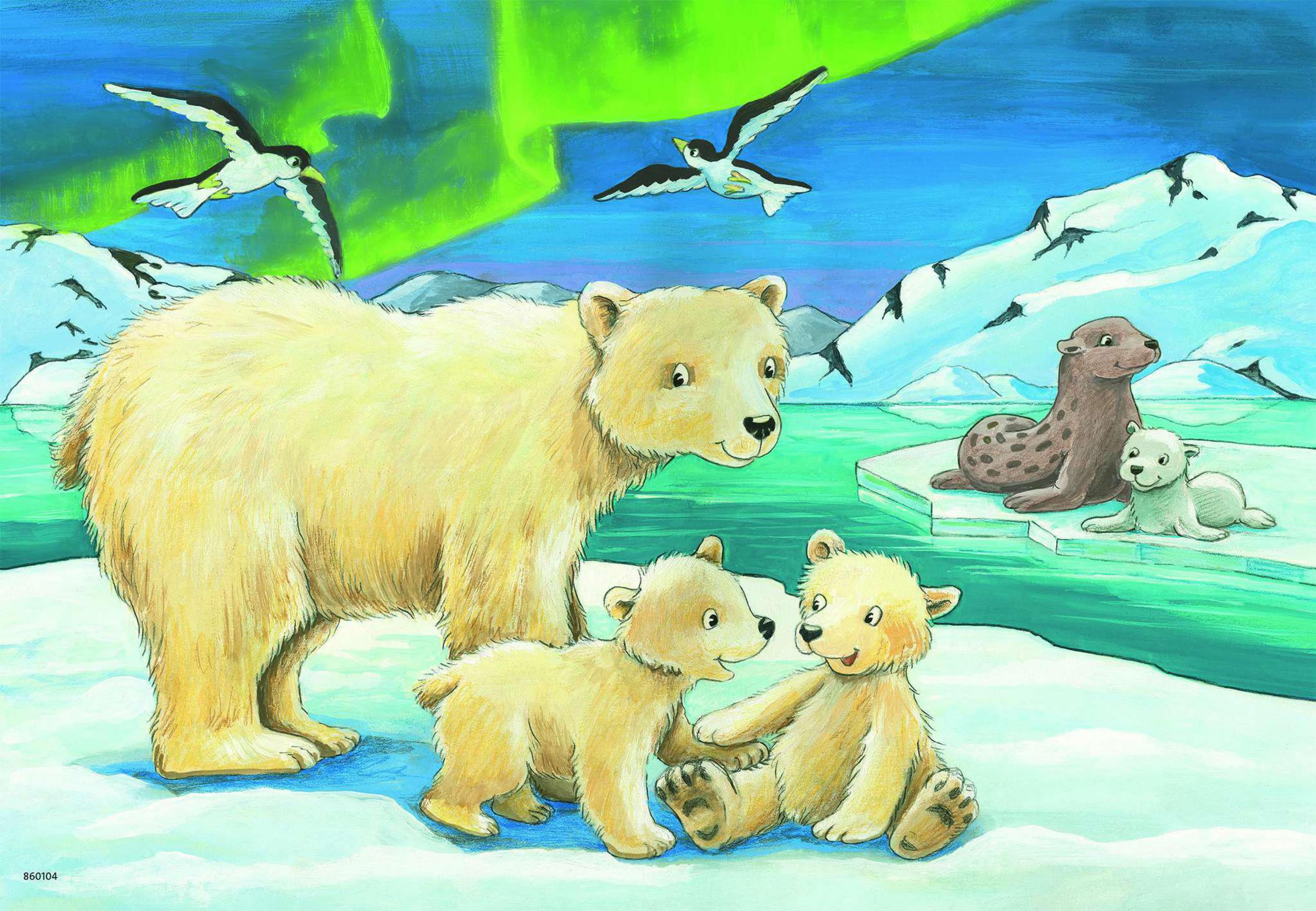 Illustration von Eisbären und Jungtieren auf Eis, mit verschneiter Landschaft und Nordlichtern im Hintergrund.
