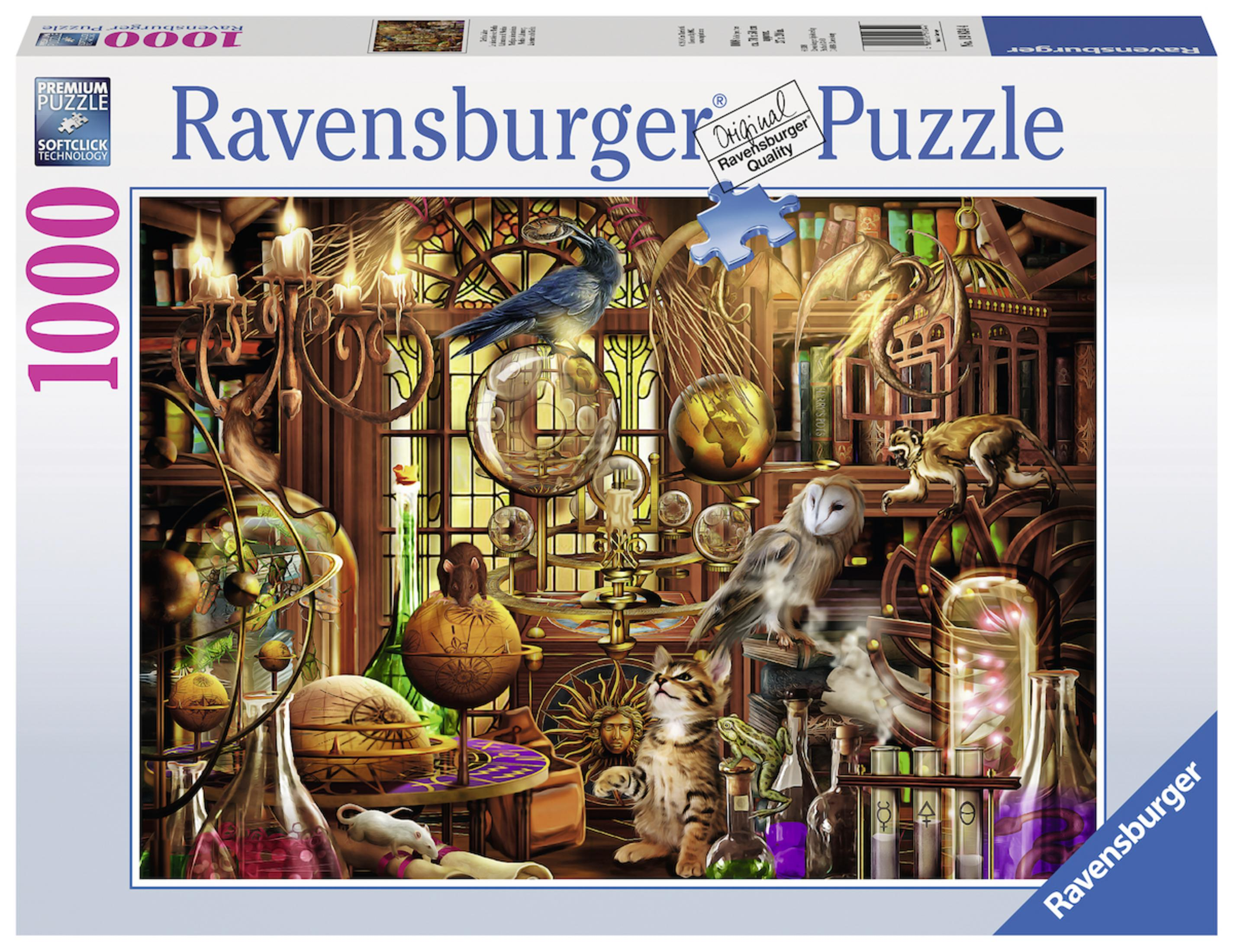Ravensburger Puzzledose, zeigt eine künstlerische Szene mit Objekten und Kreaturen.