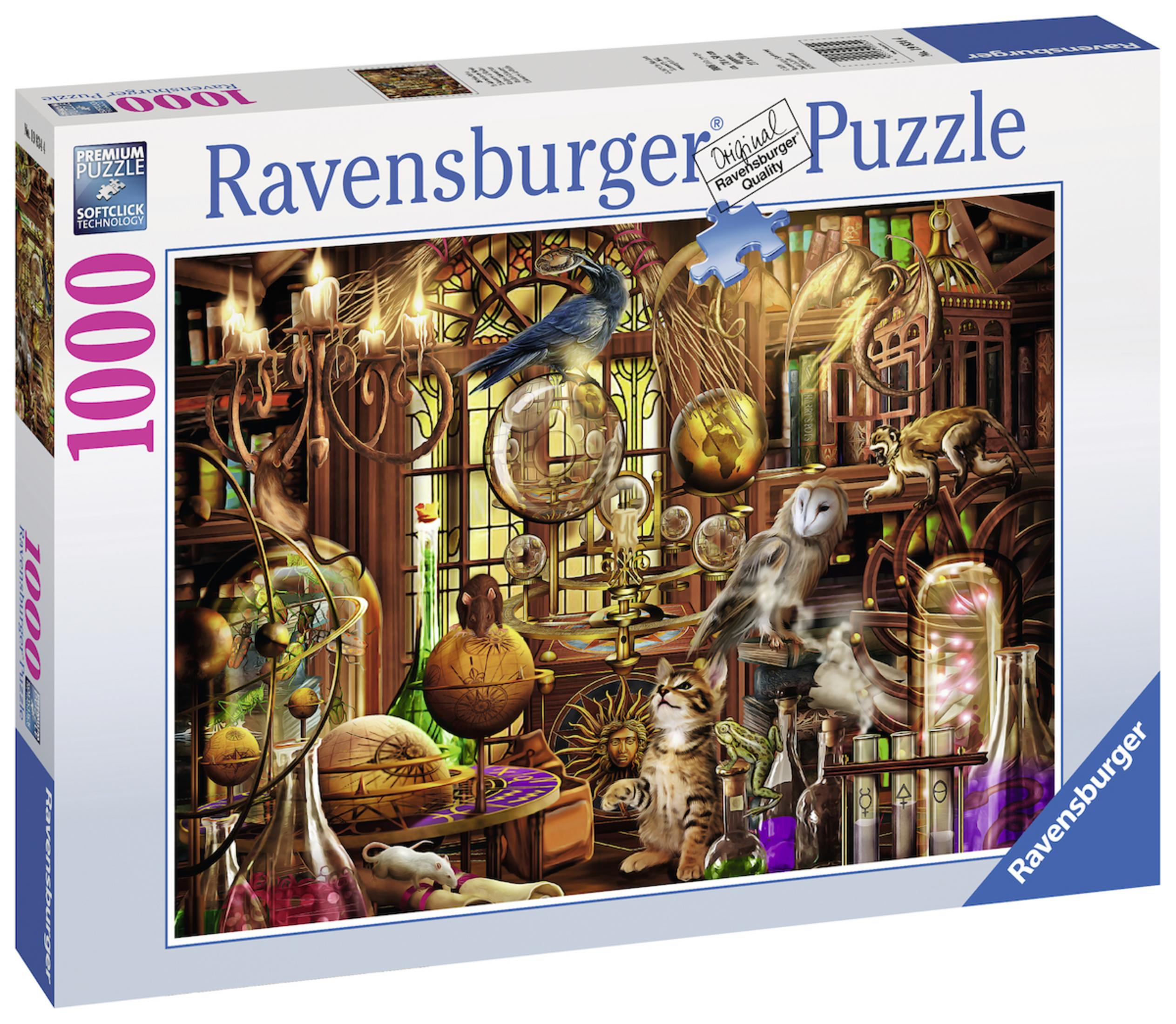 Ravensburger 1000-teilige Puzzlebox mit einer Fantasy-Bibliotheksszene. Eine Katze und eine Eule sind sichtbar.
