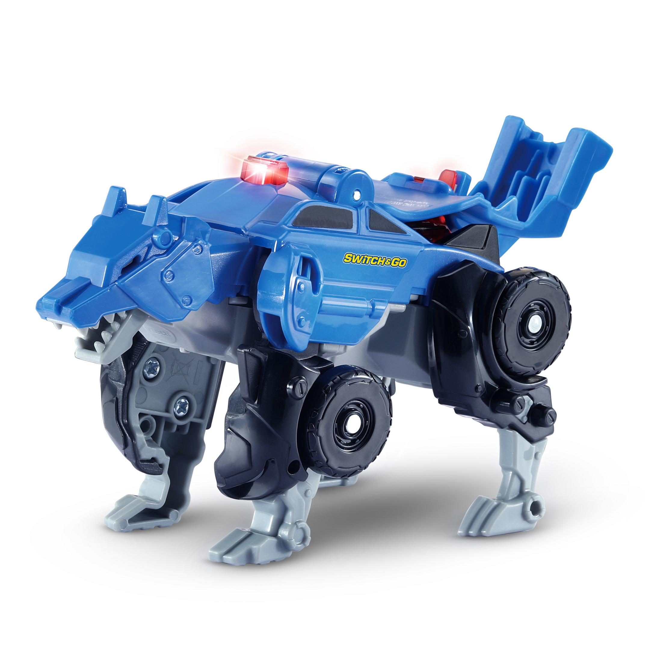 Blaues Spielzeugauto in Wolfsform. Es trägt die Aufschrift 'SWITCH & GO'.