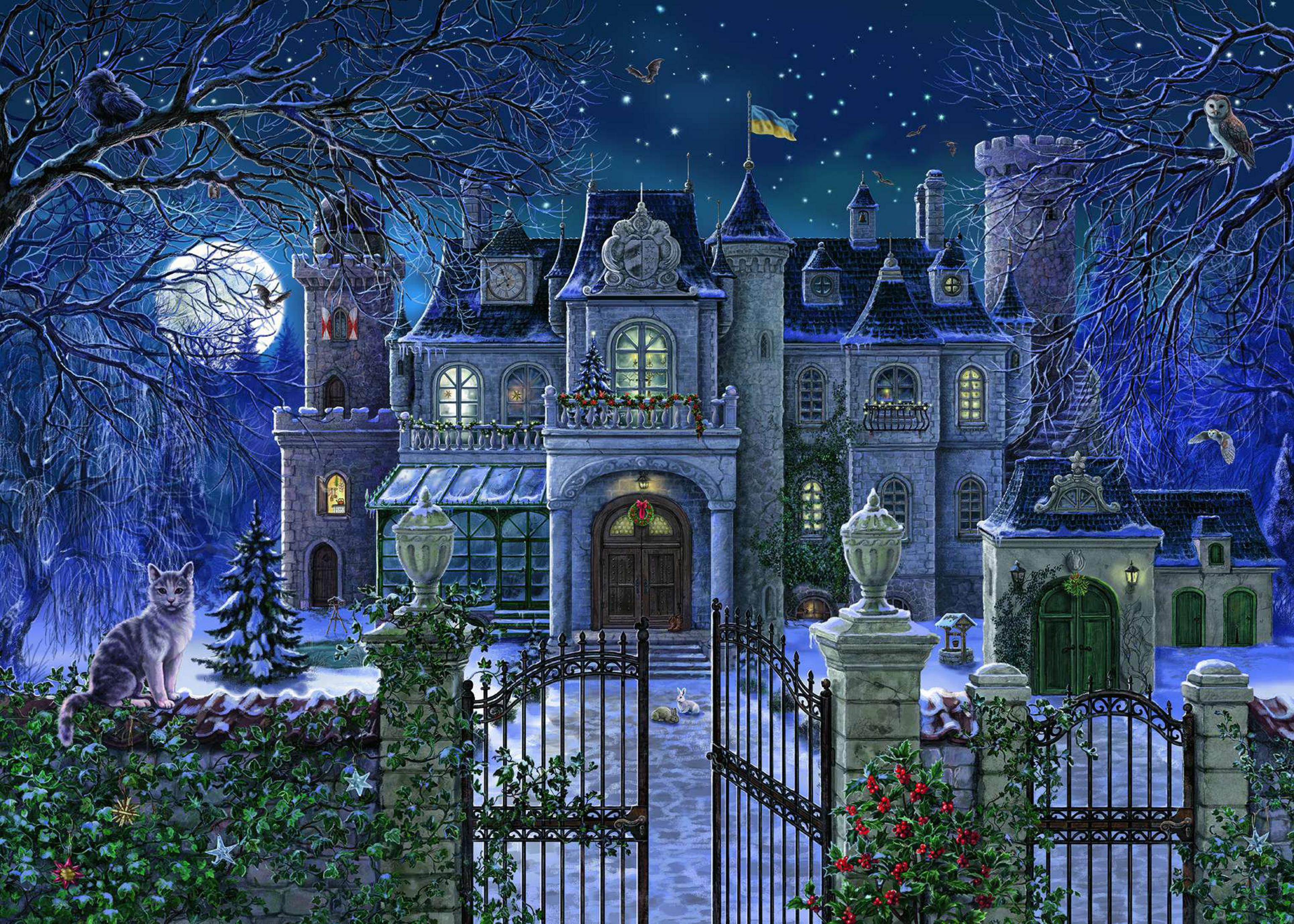 Detailliertes Puzzlebild eines Schlosses bei Nacht, mit Katze und Schneeszene. Der Himmel ist dunkelblau.