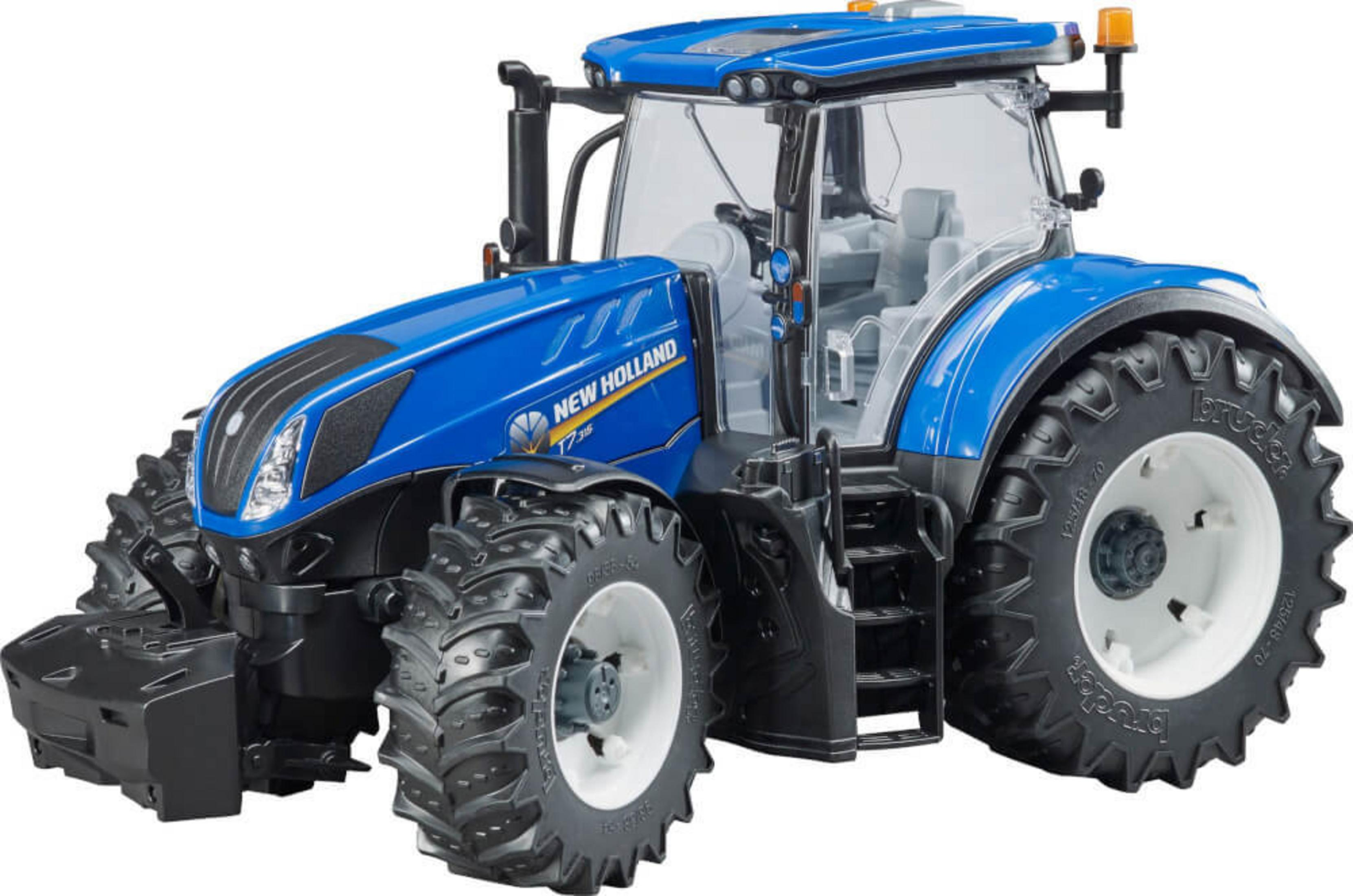 Niebiesko-biały traktor zabawka z dużymi kołami, przezroczystą kabiną i logo New Holland.