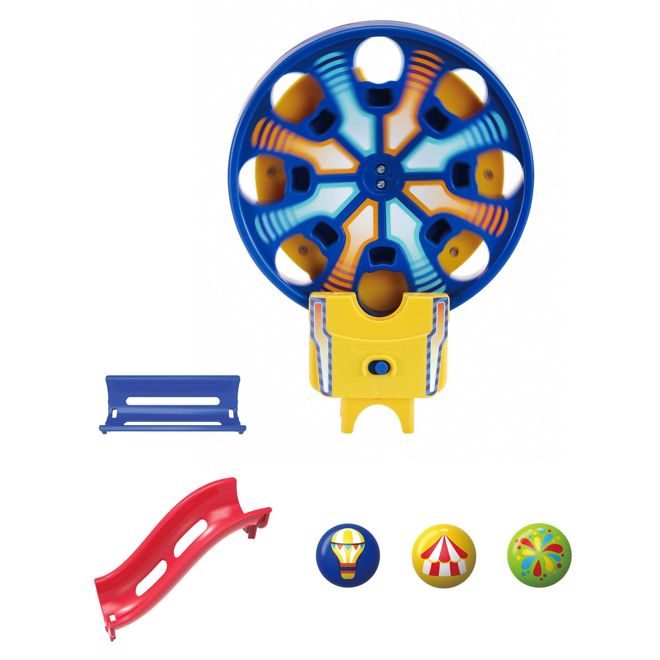 Spielzeug-Konstruktionsset mit blauem und gelbem Rad, Rutsche und bunten Bällen.