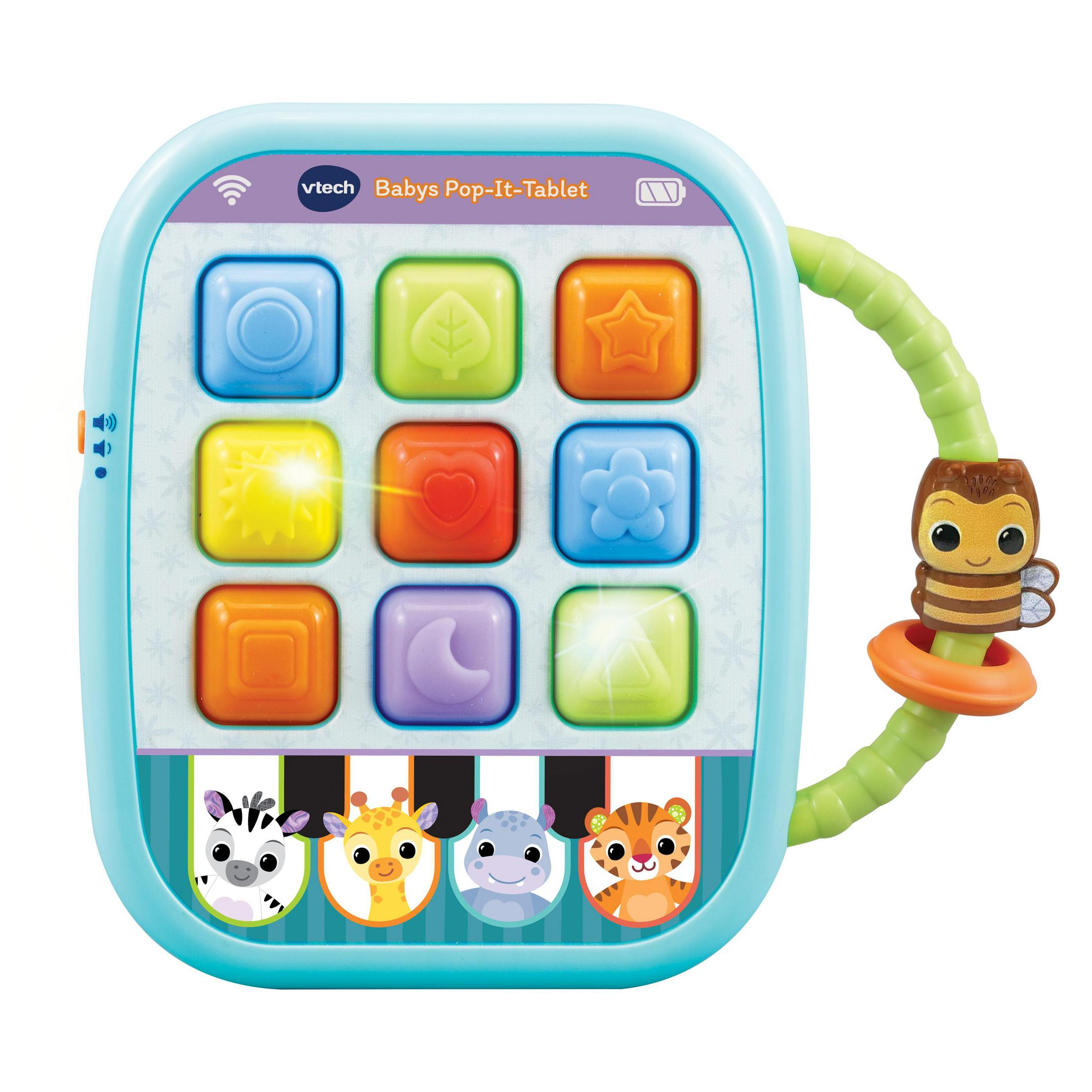 Baby-Spielzeug-Tablet mit Pop-It-Knöpfen und Tierfiguren.