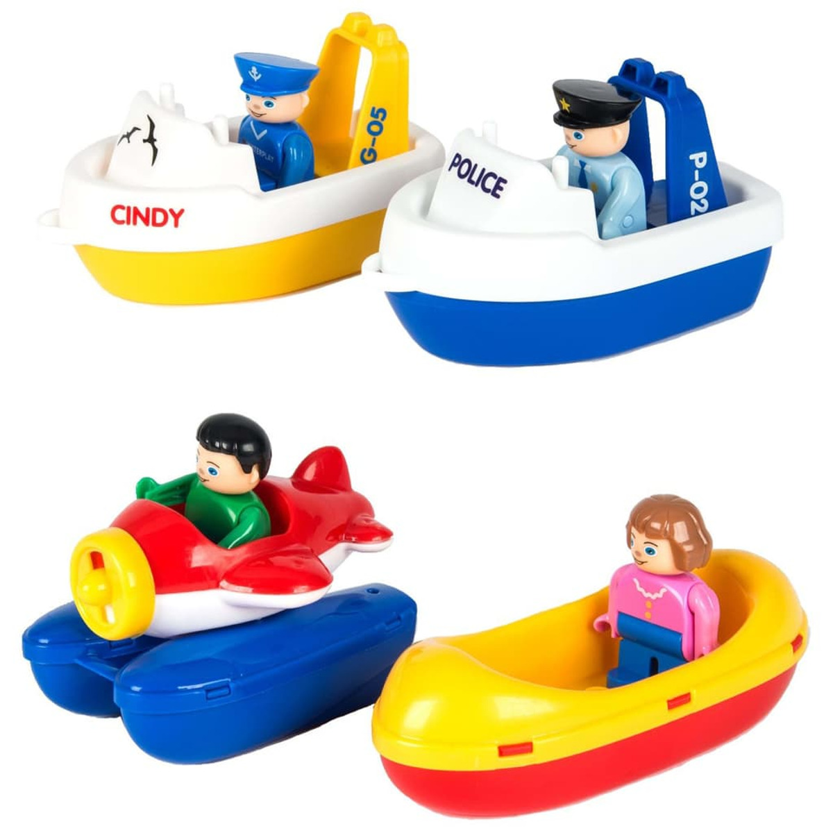 Cztery zabawki-łódki. Dwie biało-żółte z figurkami, jeden czerwony samolot i jedna żółta łódka z figurką.
