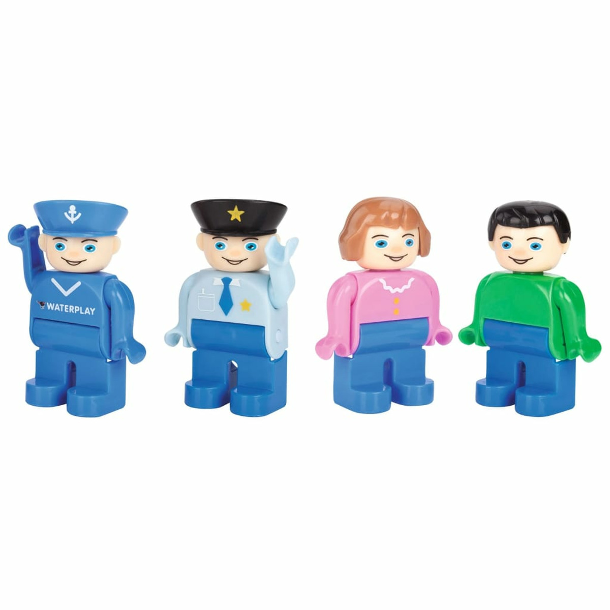 Cztery figurki. Marynarz, policjant, kobieta w różu i chłopiec w zieleni. Wszystkie z niebieskimi nogami.