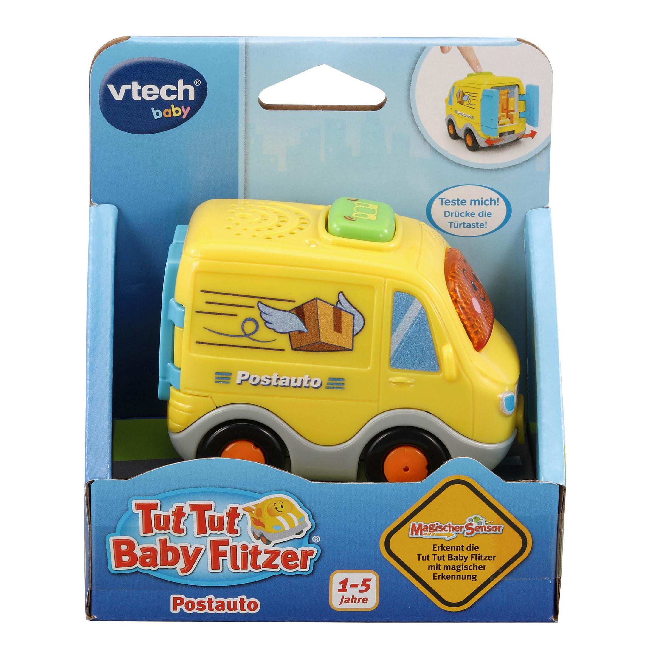 Gelber Spielzeugtransporter mit Paket. Verpackung mit Text und blauem Hintergrund. Weiß.