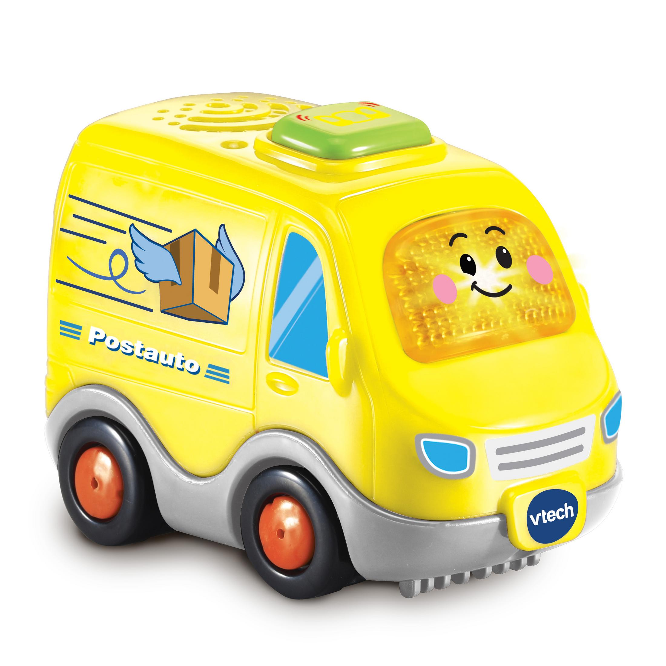 Gelber Spielzeug-Postwagen mit lächelndem Gesicht, blauen Flügeln und 'Postauto'.