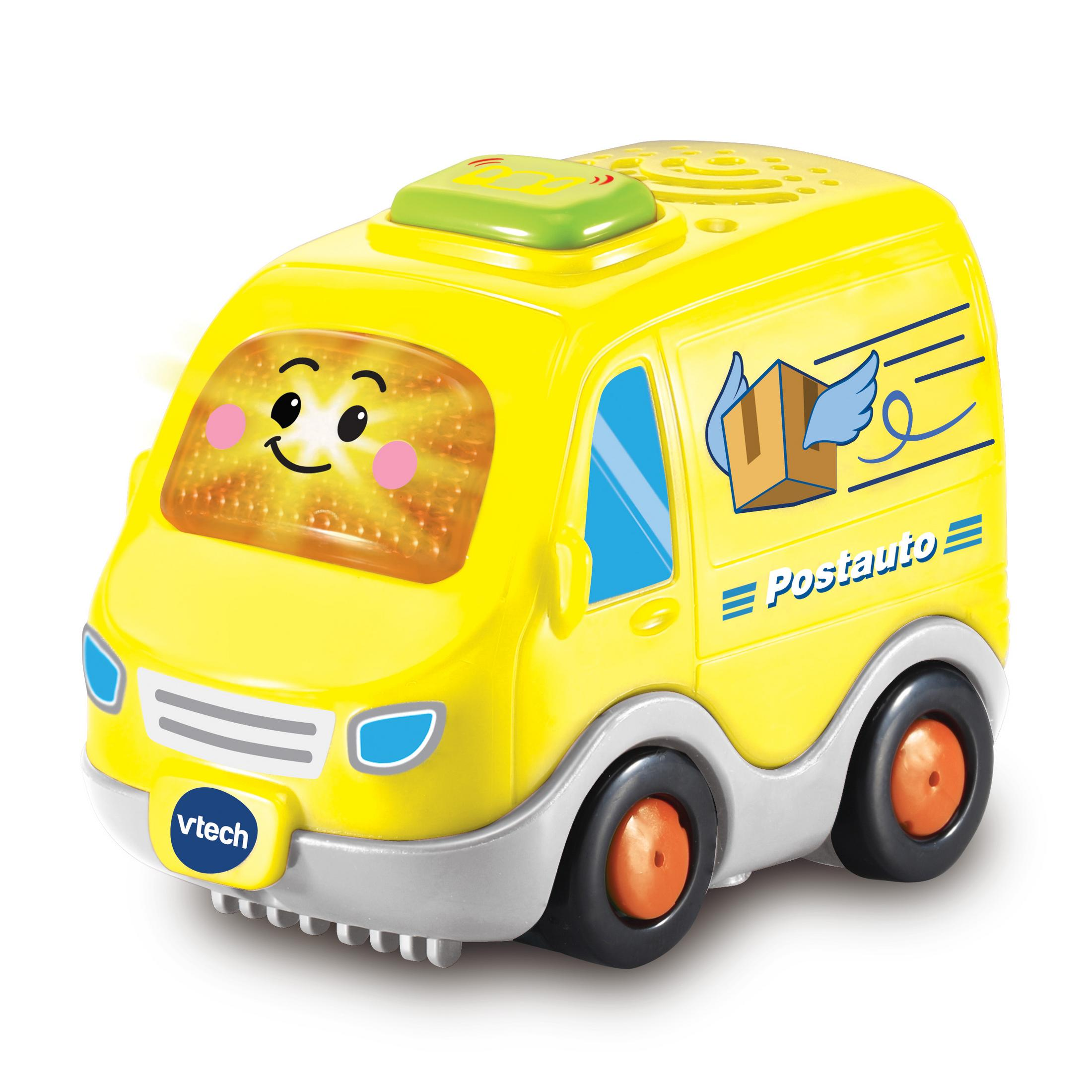 Ein gelber Spielzeug-Lieferwagen mit einem lächelnden Gesicht. Es hat blaue Fenster und ein Box-Logo.