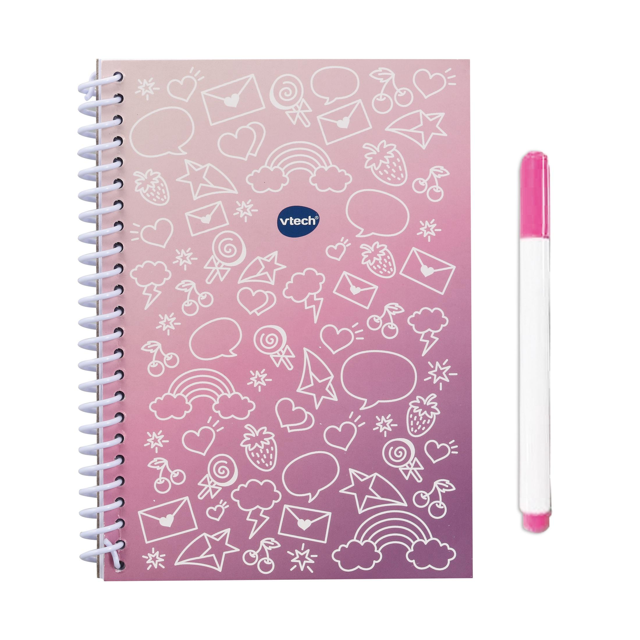 Spiralnotizbuch mit rosa-lila Farbverlauf-Cover, mit Zeichnungen von Herzen, Sternen und einem Stift.