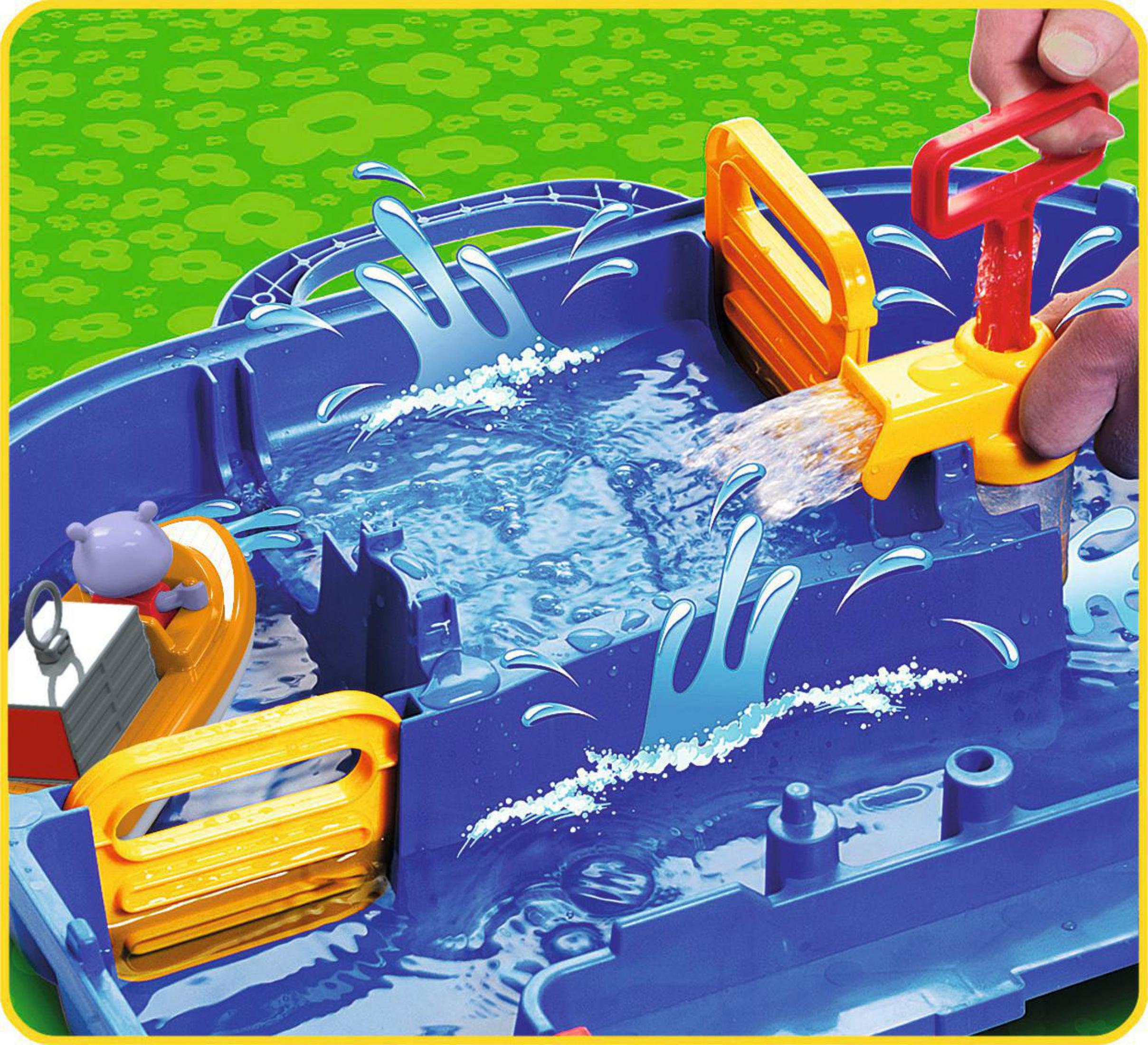 Spielzeug-Wasserspielset mit Pumpe, Spritzern und einem kleinen Nilpferd im Boot.