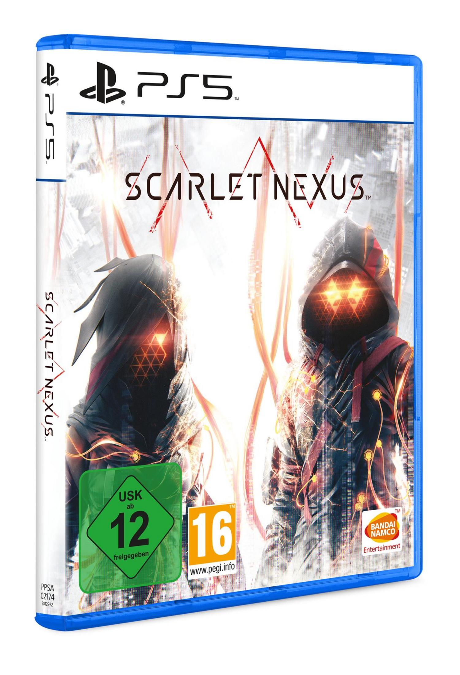 Eine PS5-Spielehülle mit dem Titel 'SCARLET NEXUS'. Der Koffer hat einen blauen Rahmen. USK 12 Logo.