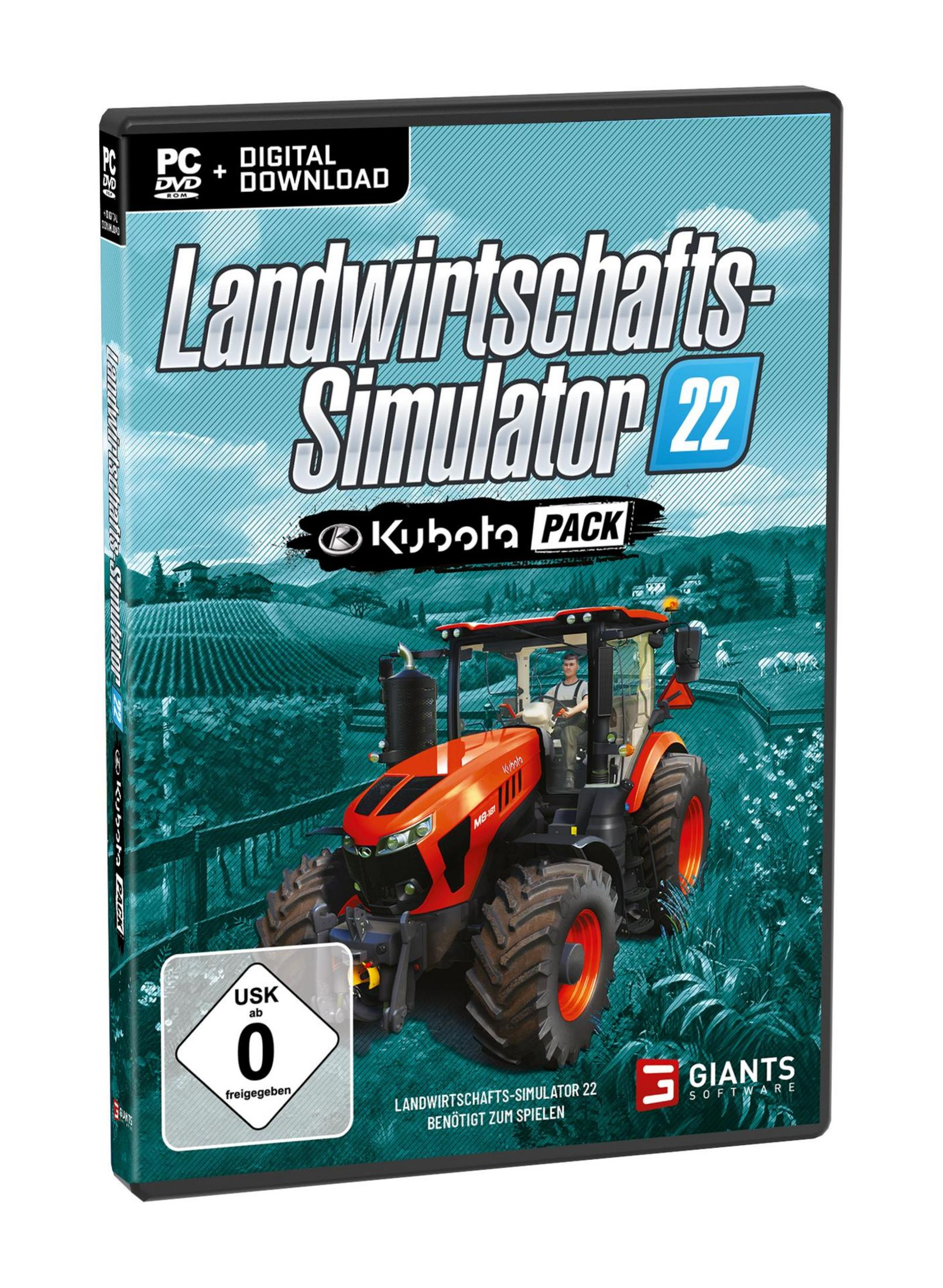 Spielbox für Landwirtschafts-Simulator 22 Kubota Pack, mit Traktorbild.