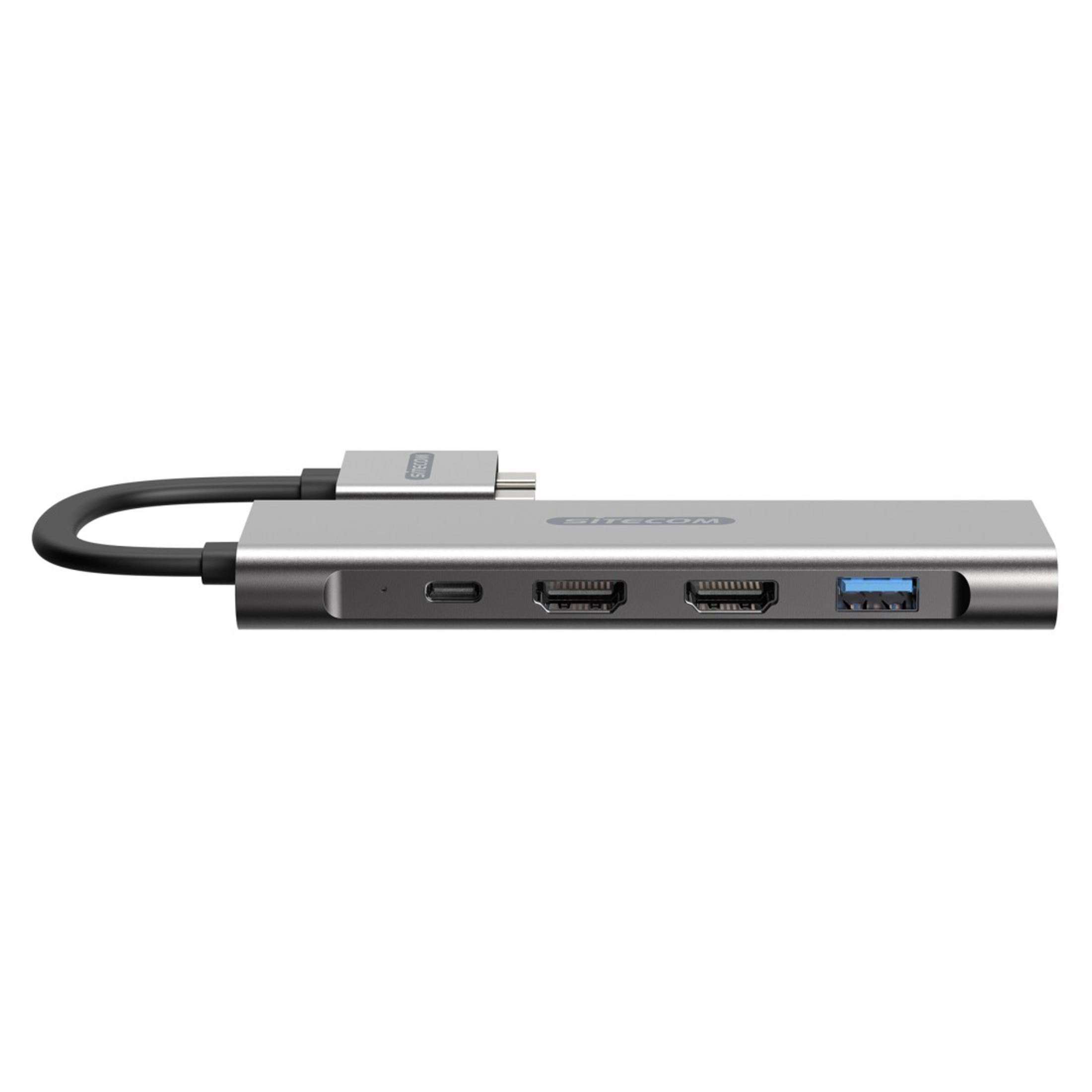 Silberner Hub mit USB- und HDMI-Anschlüssen und einem USB-C-Kabel. Die Marke ist SITECOM.