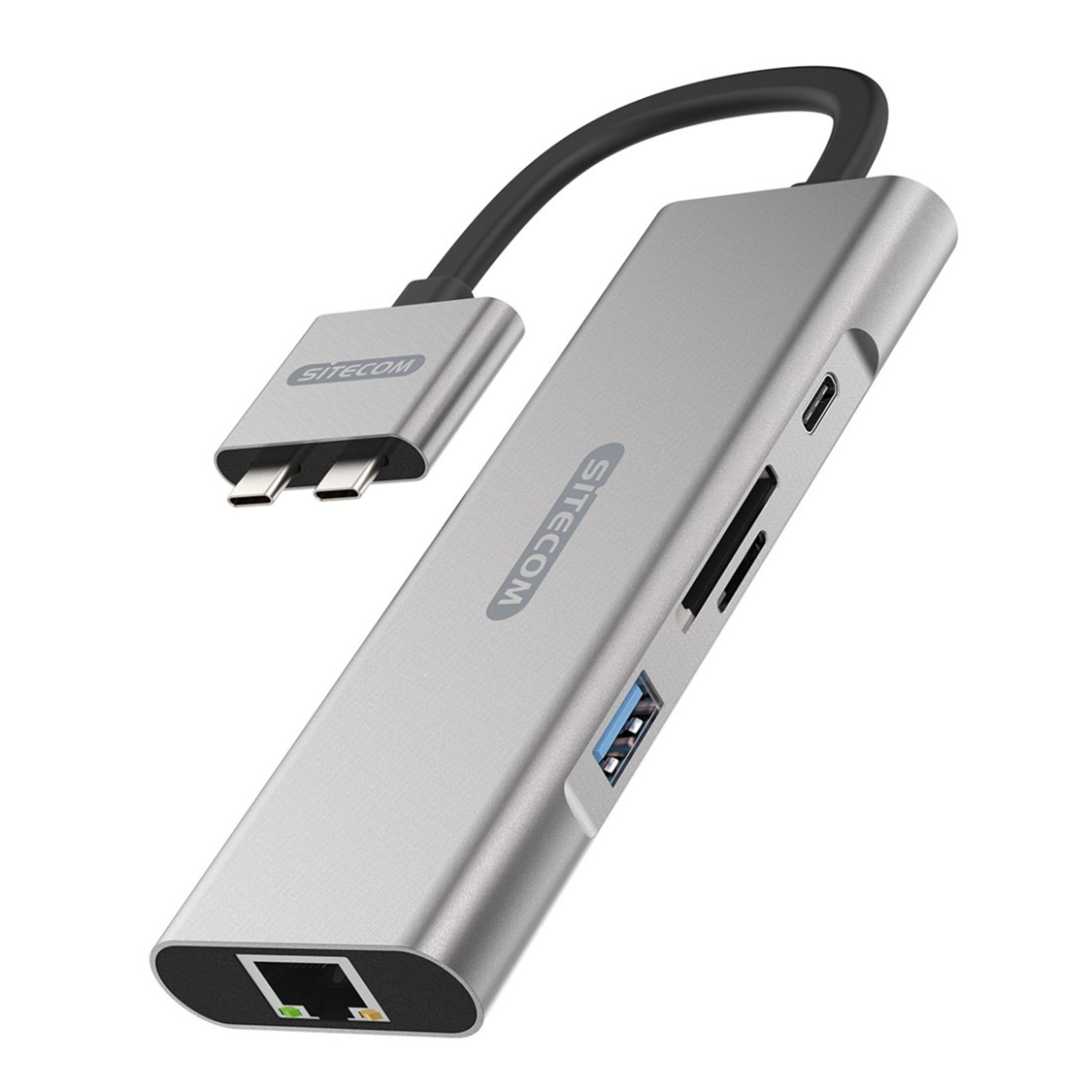 Silberner SITECOM-Hub mit mehreren Anschlüssen, einschließlich USB, SD und Ethernet, schräge Ansicht.
