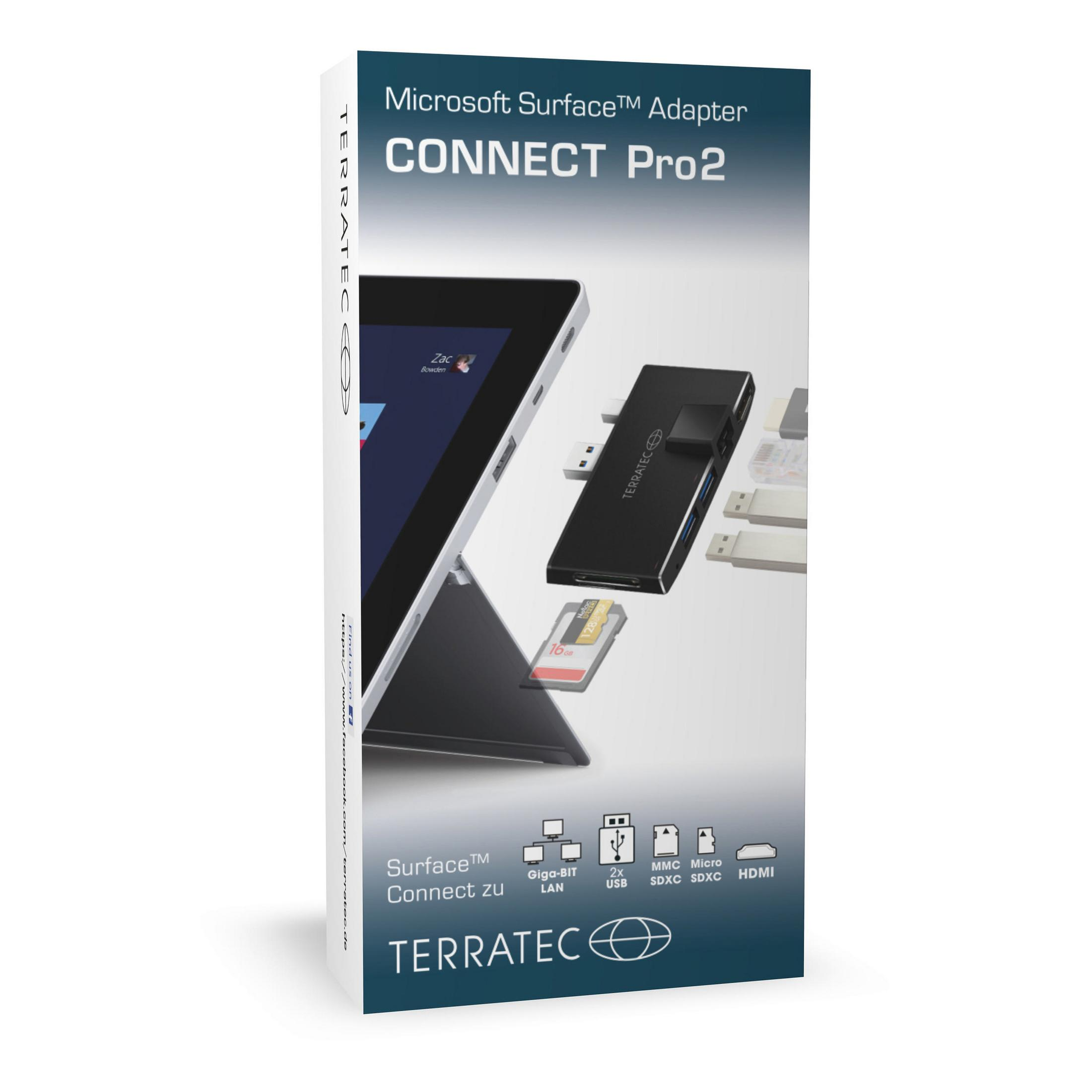 Microsoft Surface Adapter Box mit Laptop und Karten auf der Vorderseite.