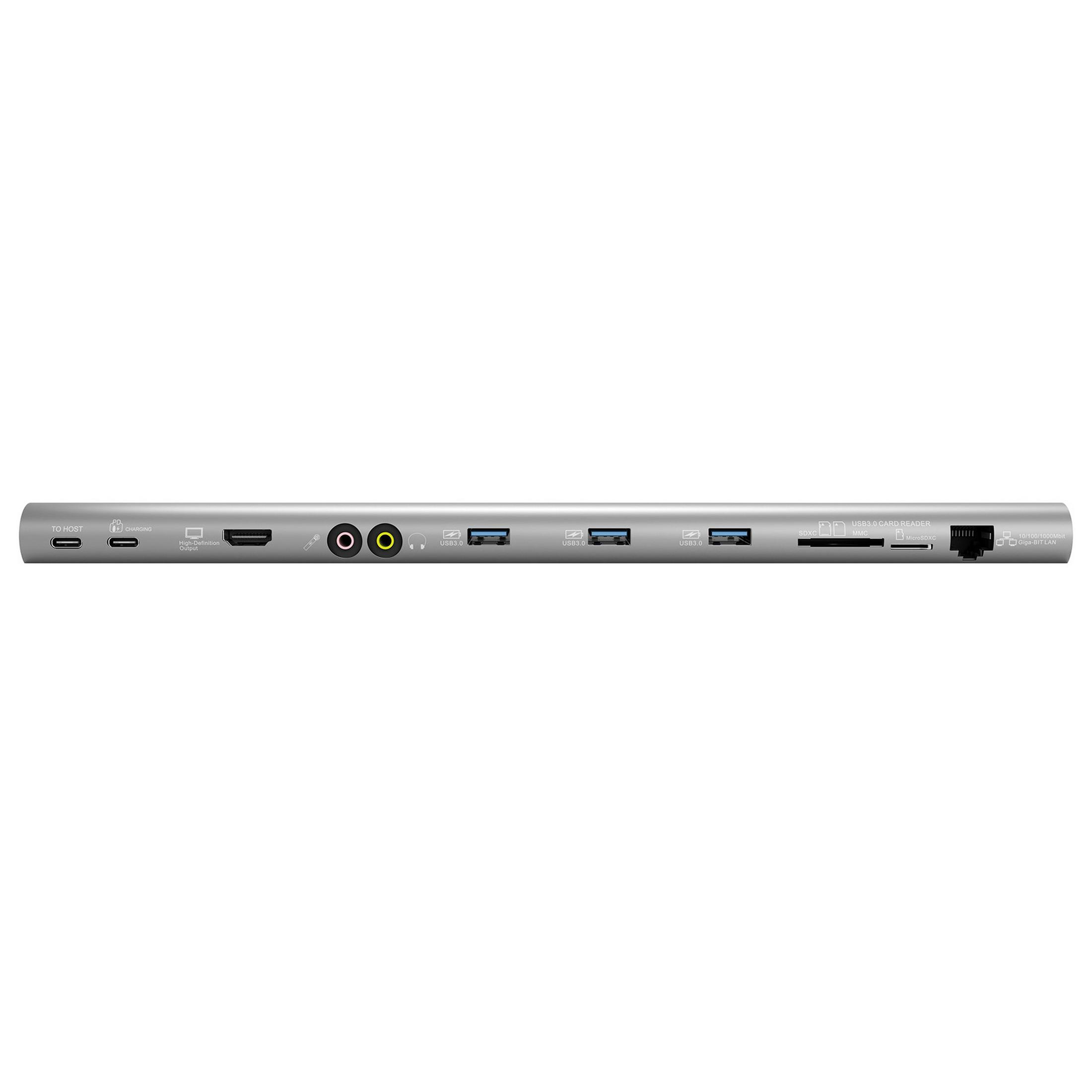 Silberne Dockingstation mit verschiedenen Anschlüssen. Es hat USB-, Audio- und Videoeingänge und -ausgänge.