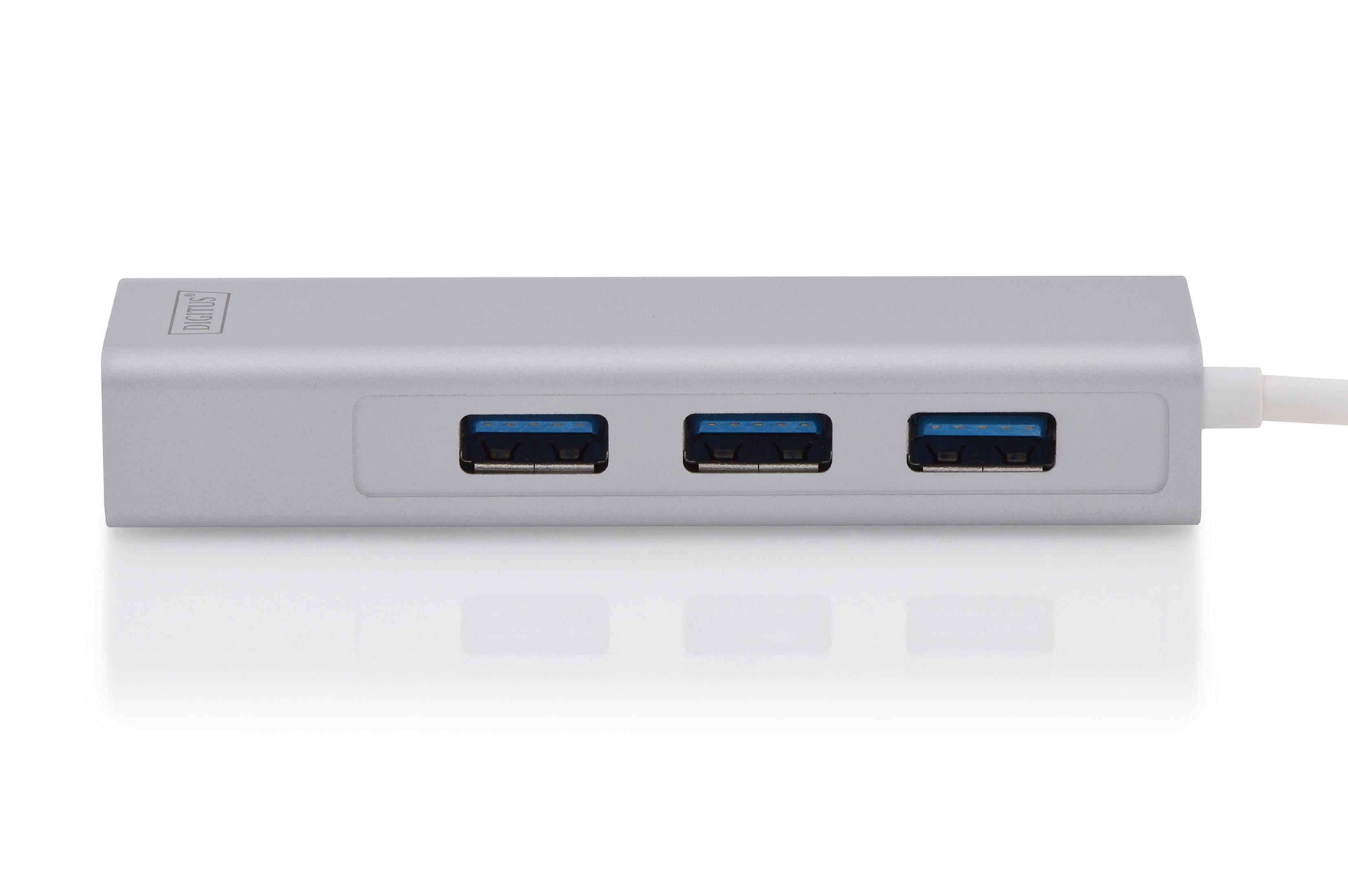 Ein silberner USB-Hub mit drei blauen USB-Anschlüssen.