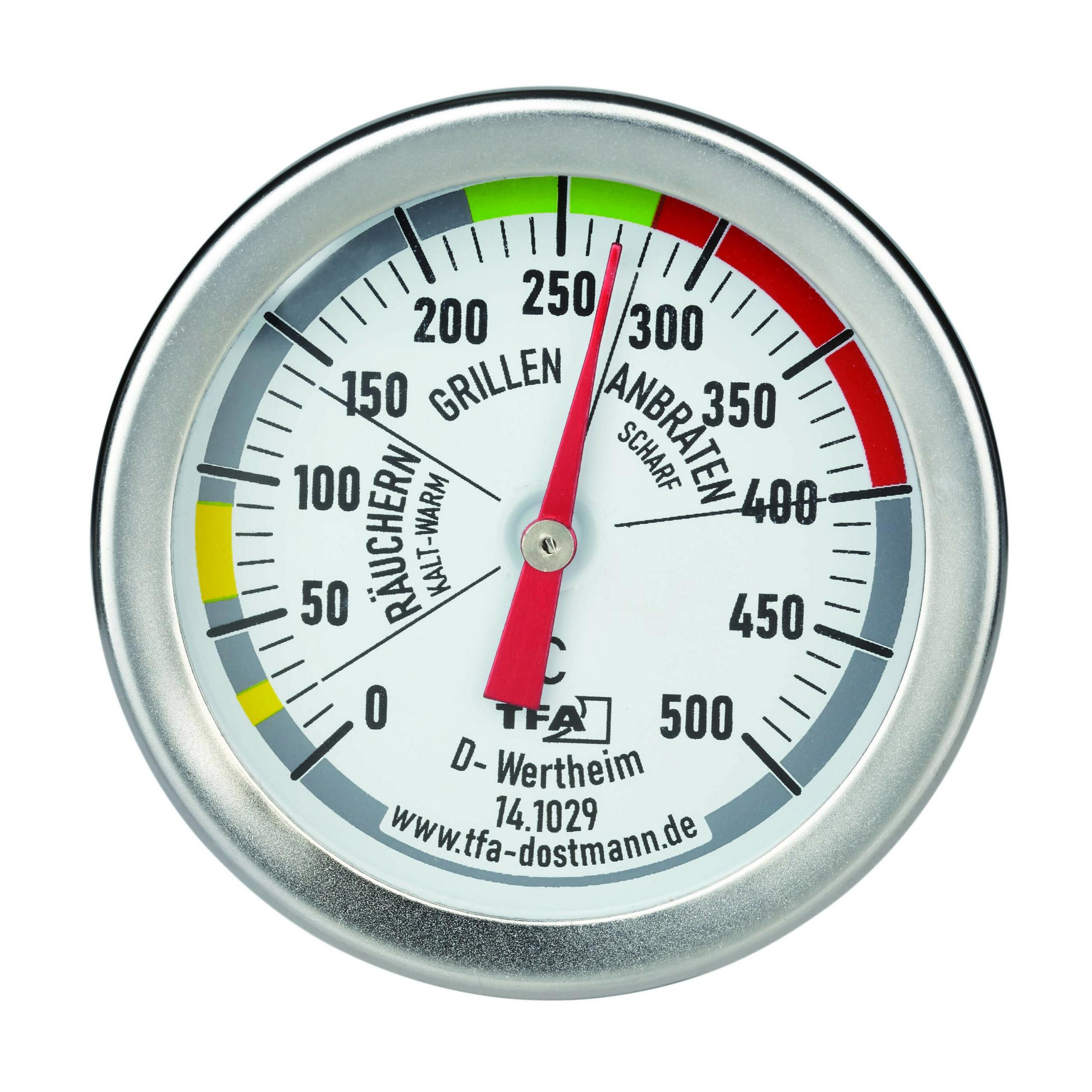 Ein runder Thermometer mit Temperaturmarkierungen. Die Nadel zeigt 275 Grad.