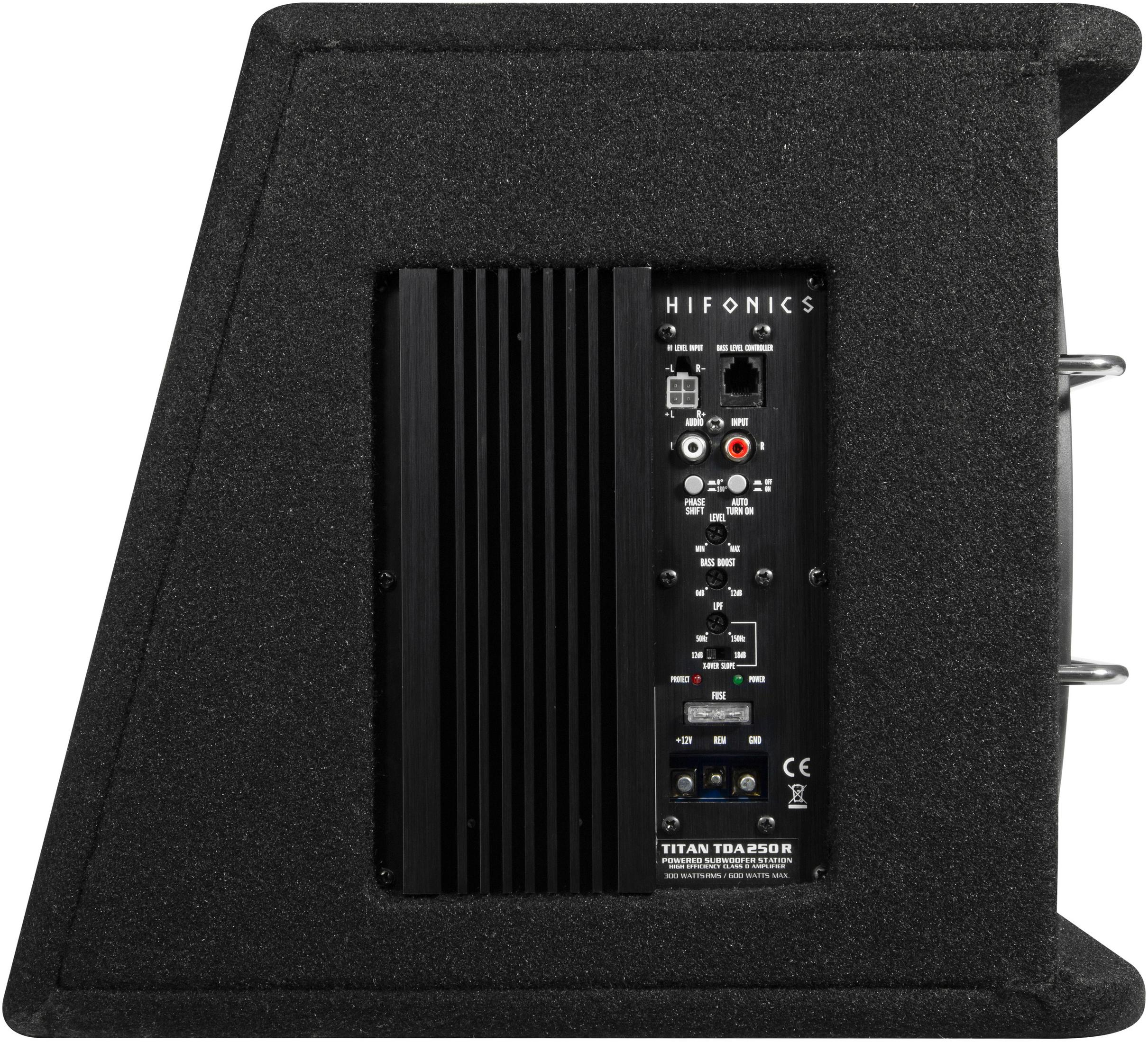 Schwarze Subwoofer-Rückwand mit Bedienelementen und dem Markennamen HIFONICS.