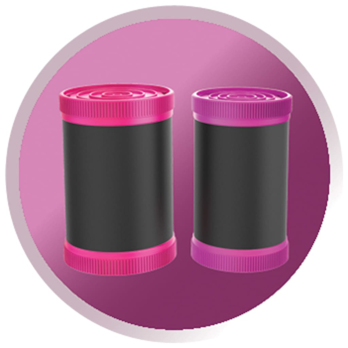 Due bigodini rosa e neri in un cerchio rosa. Sono cilindrici con dettagli rosa e neri.