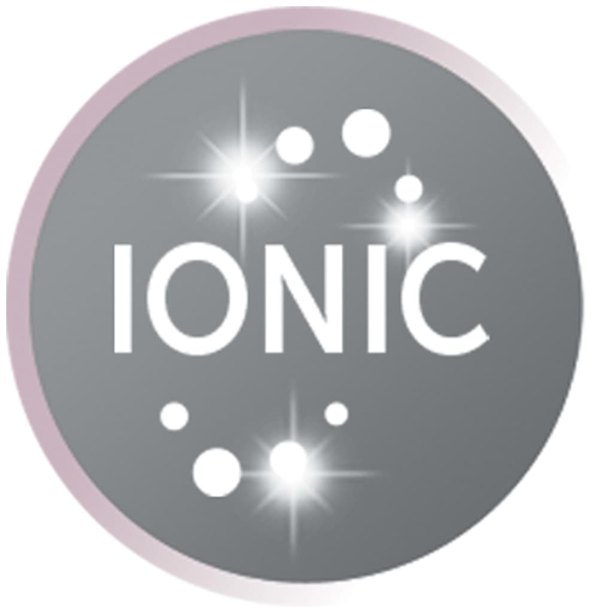 Icona con testo 'IONIC' bianco su un cerchio grigio. Ci sono scintille bianche intorno al testo.
