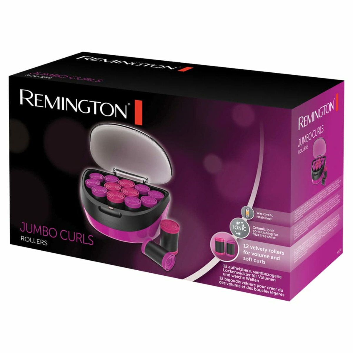 Una scatola di bigodini Remington Jumbo Curls, con un design rosa e nero.
