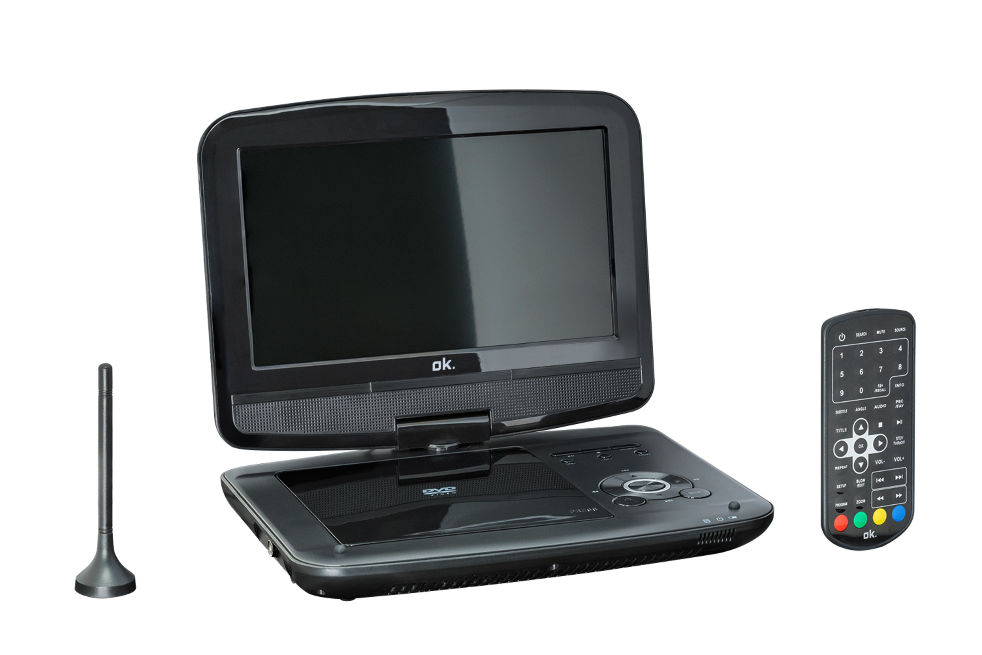 Schwarzer tragbarer DVD-Player mit Bildschirm, Fernbedienung und Antenne.