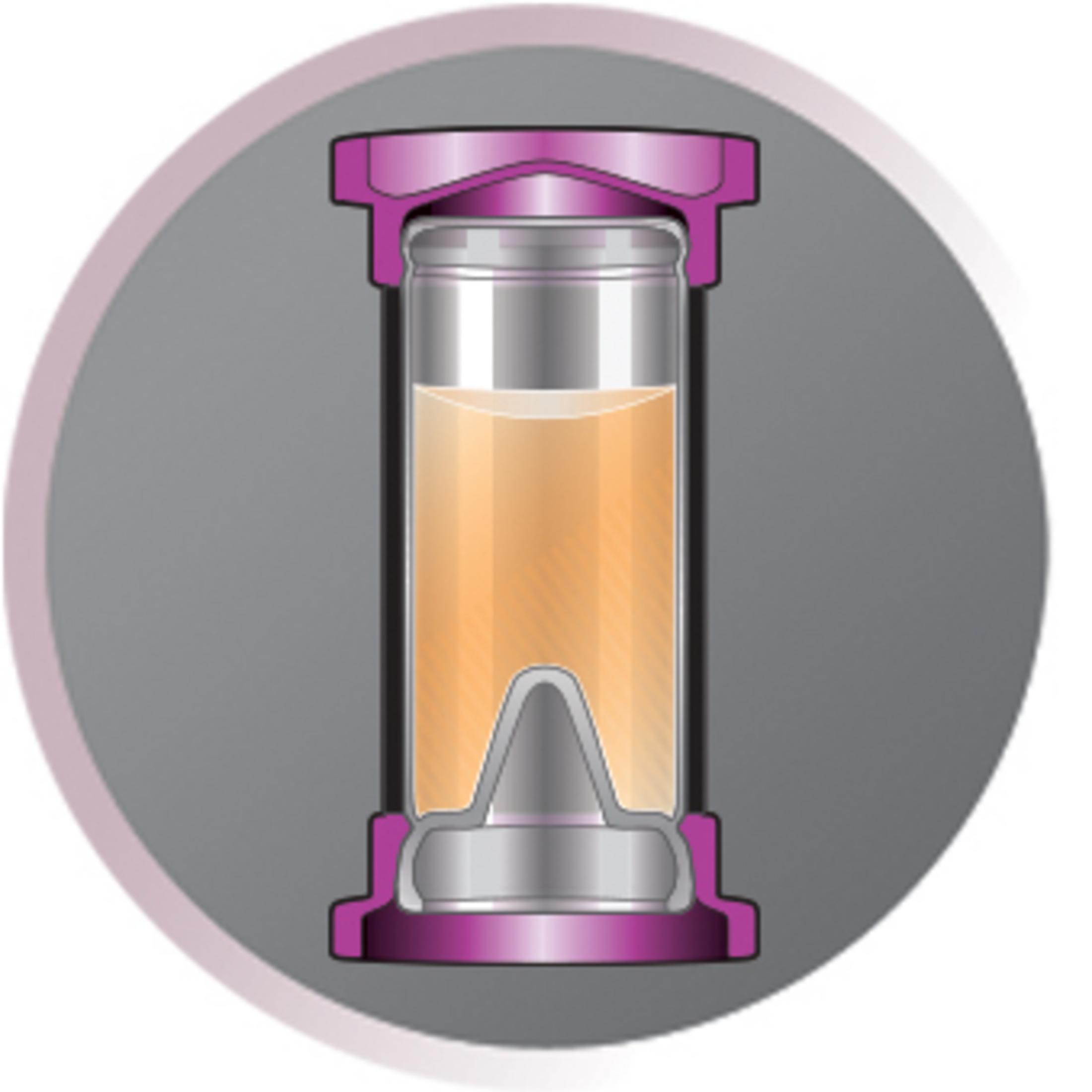 Un'illustrazione in sezione trasversale di un contenitore con liquido arancione e un coperchio e una base viola.