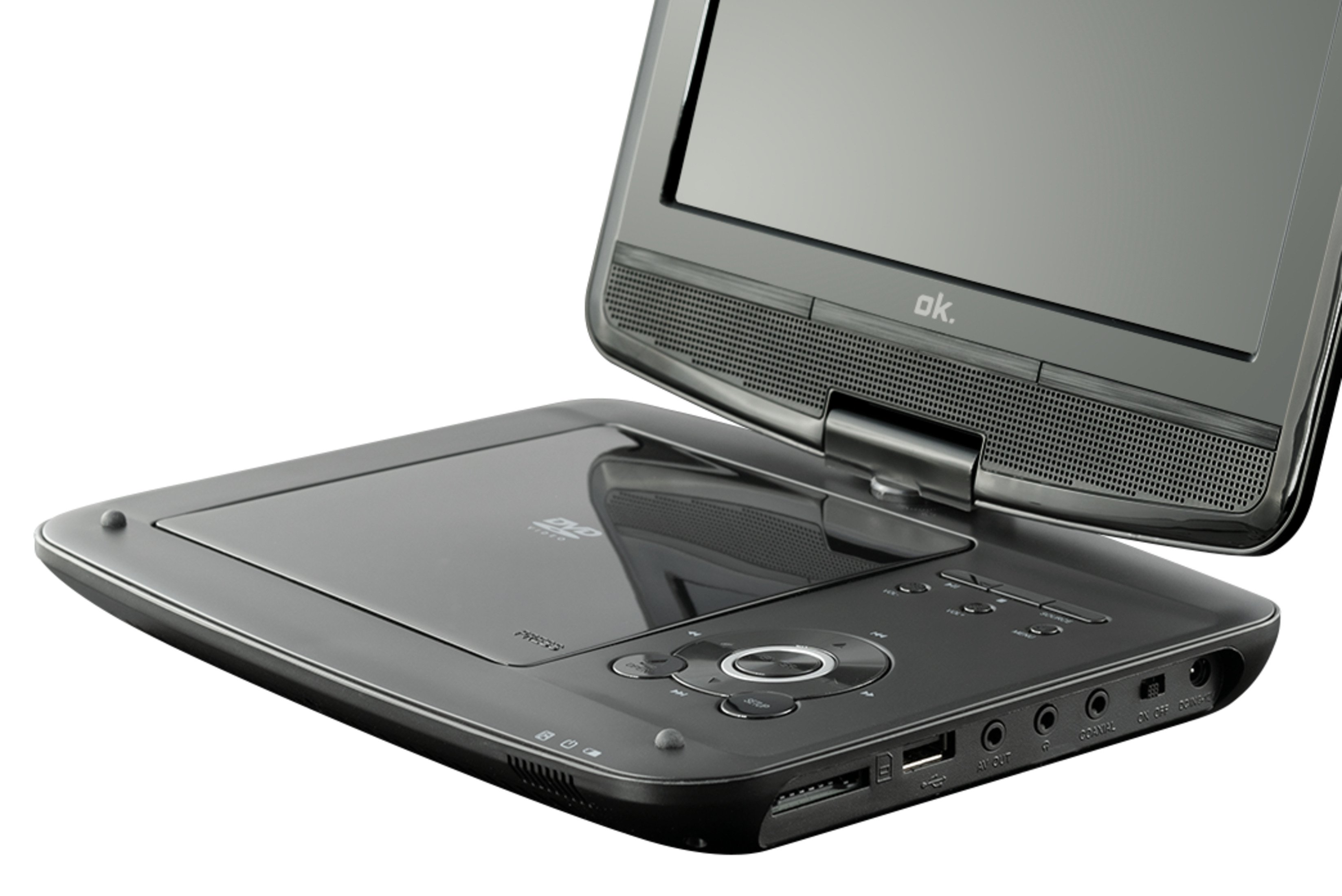 Schwarzer tragbarer DVD-Player mit offenem Bildschirm, der Bedienelemente und Anschlüsse zeigt.