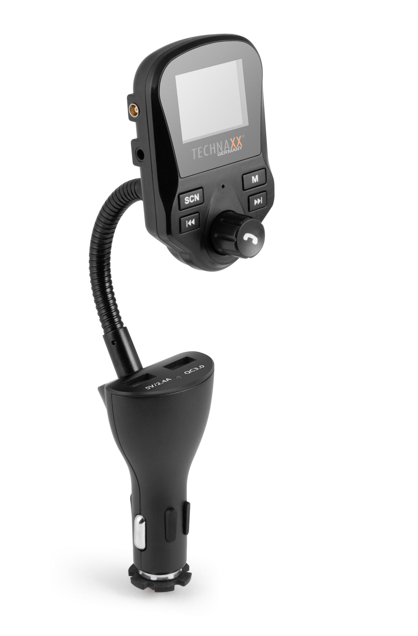 Schwarzer Auto-FM-Transmitter mit Display und Knöpfen, an ein Autoladegerät angeschlossen.