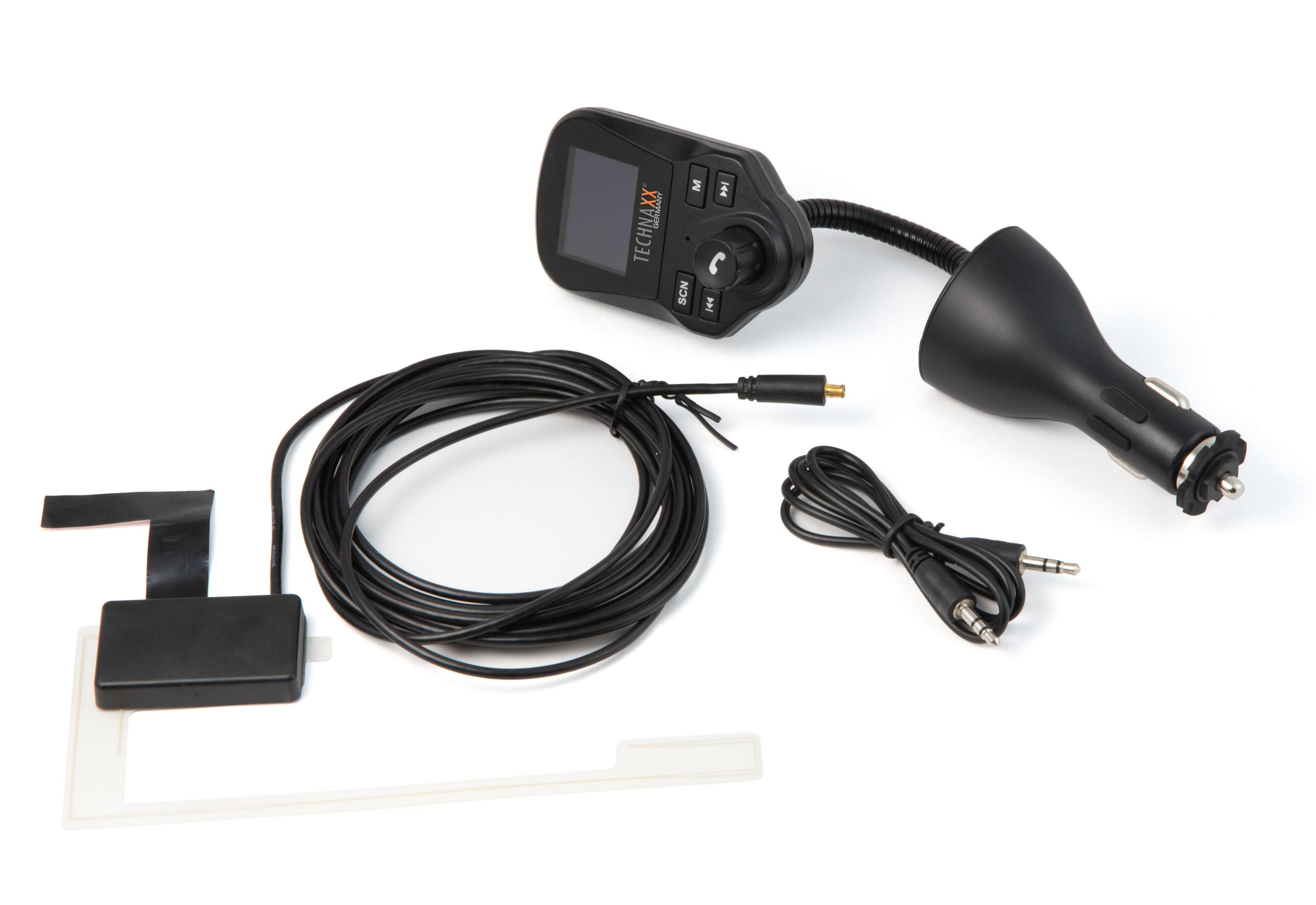Ein Autozubehör-Set mit schwarzer Basis, Telefonhalter und mehreren Anschlusskabeln.