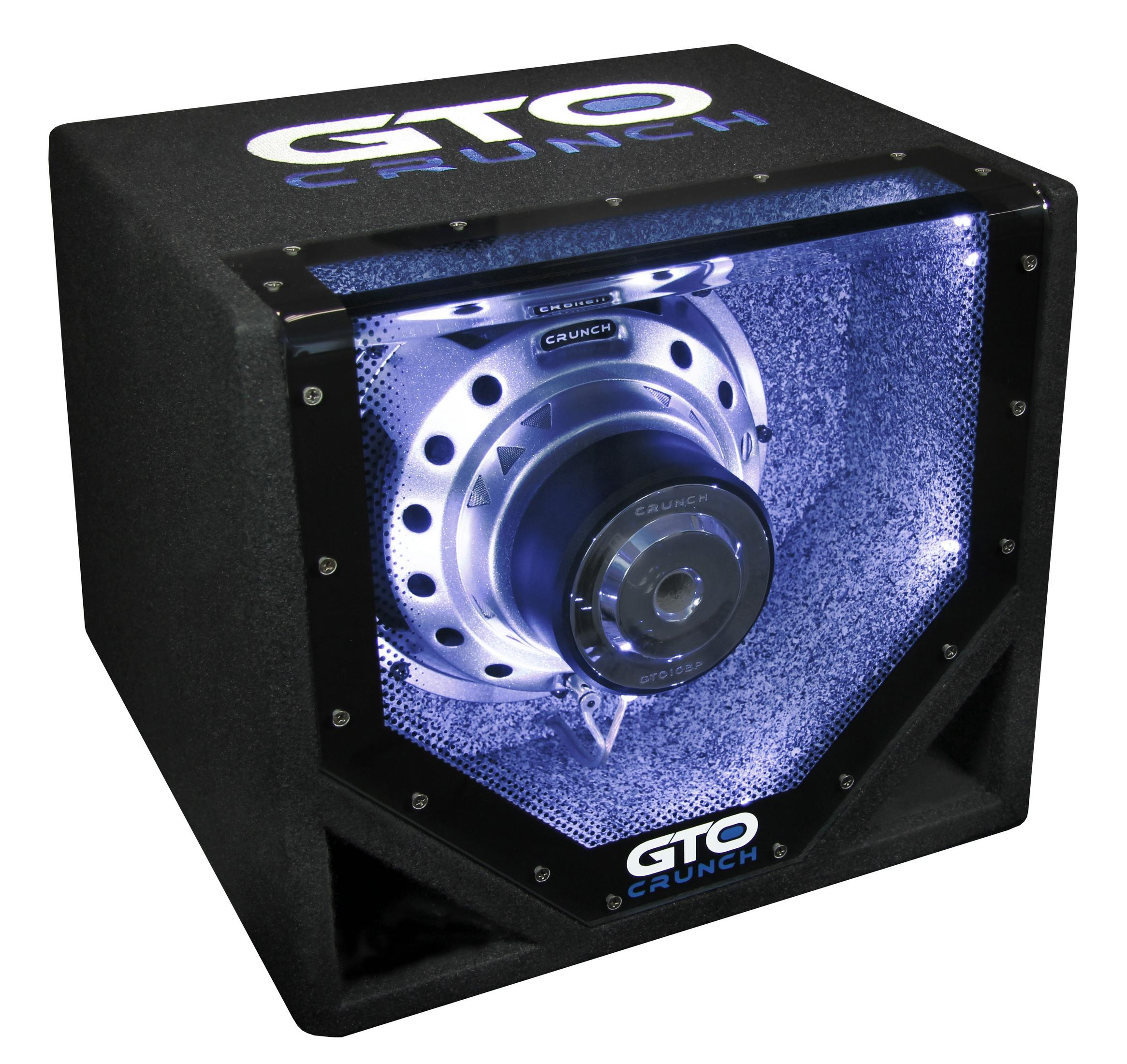 Ein schwarzer Subwoofer mit Crunch-Logo. Der Subwoofer hat einen blau beleuchteten Innenraum.