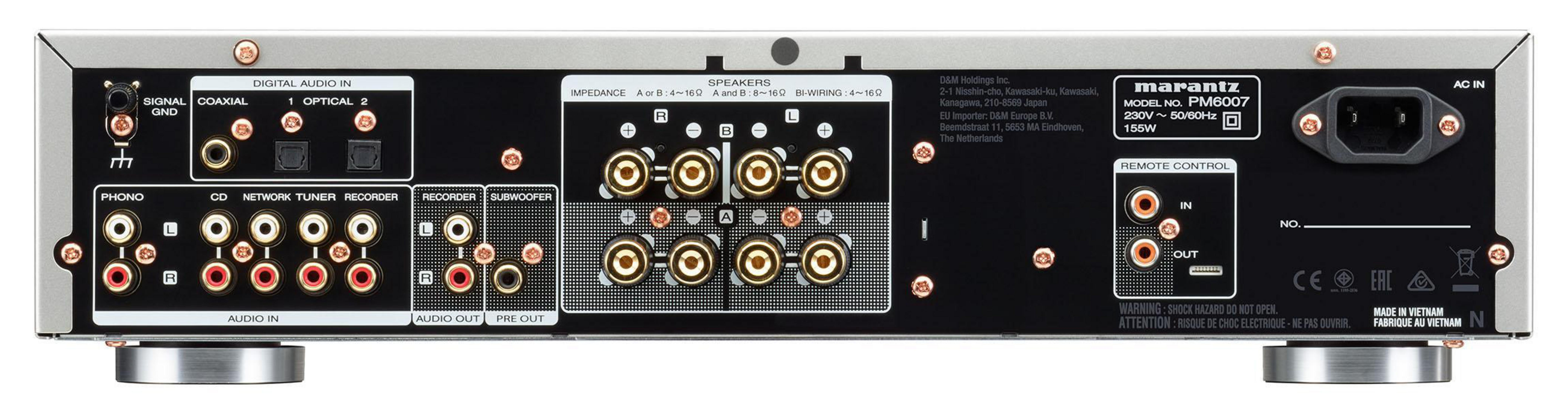 Rückansicht eines Marantz PM6007 Verstärkers mit verschiedenen Ein-/Ausgängen und Stromversorgung.