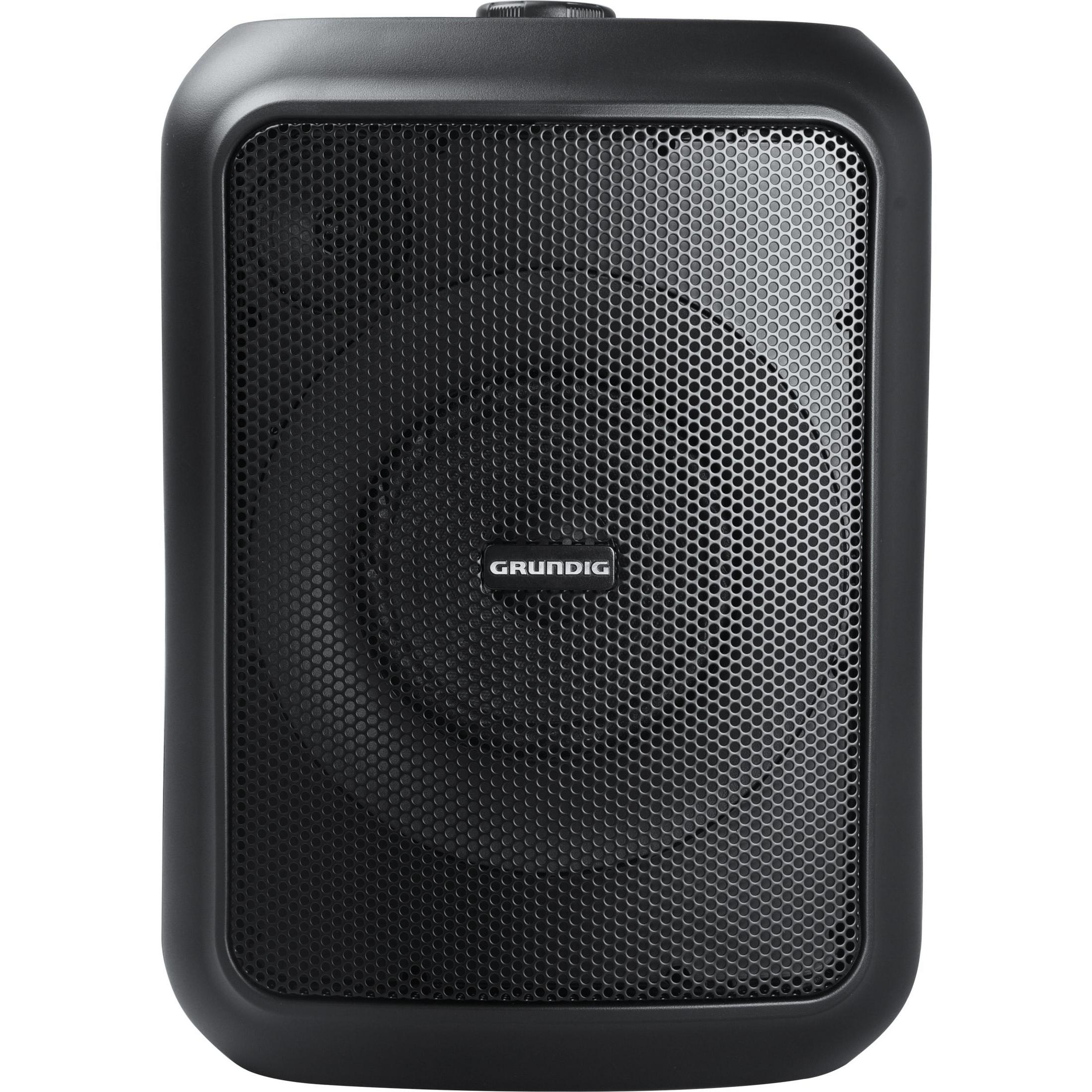 Schwarzer Grundig-Lautsprecher mit Mesh-Front, rechteckiger Form und schwarzem Rahmen.
