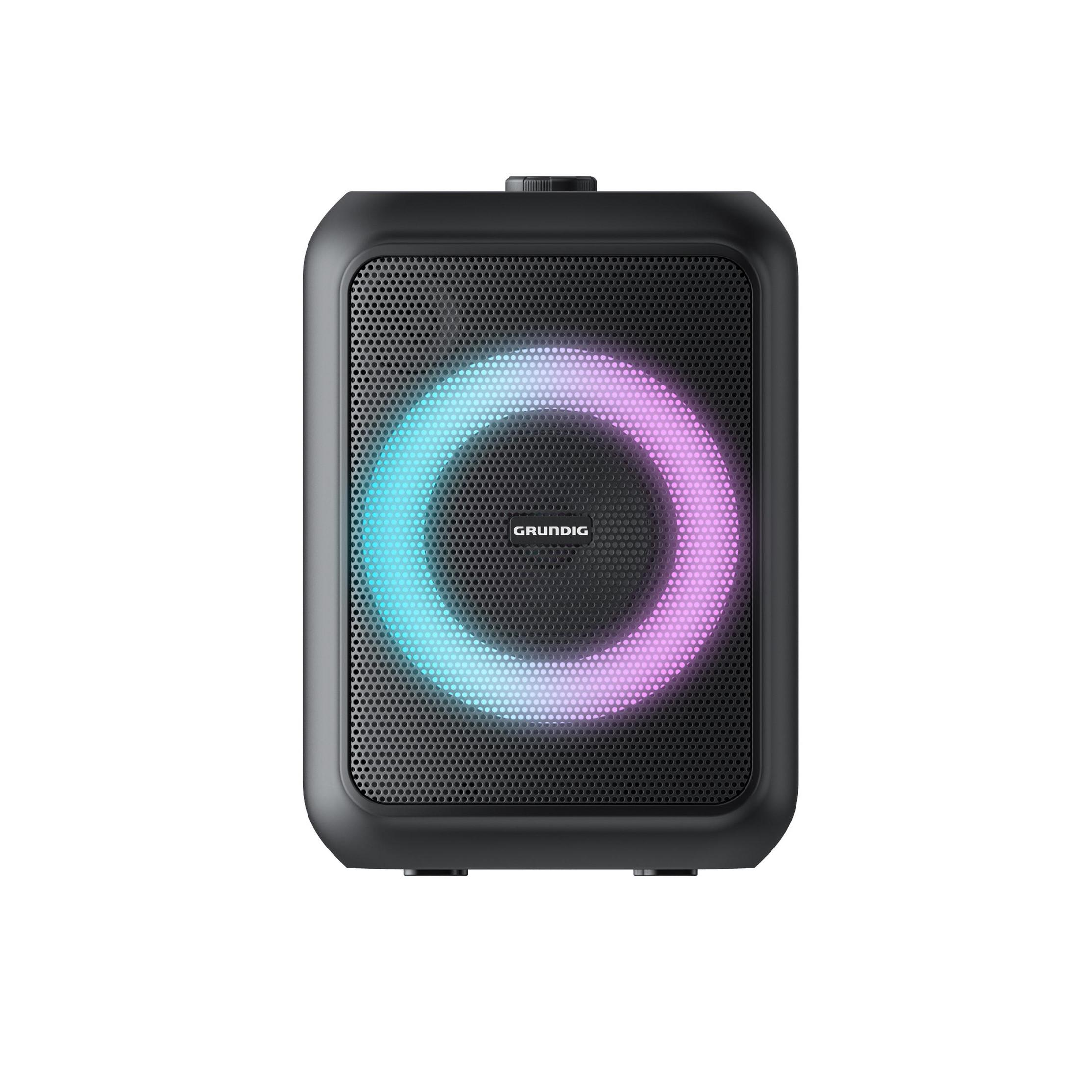 Schwarzer Grundig-Lautsprecher mit einem leuchtenden Ring aus blauem und lila Licht.