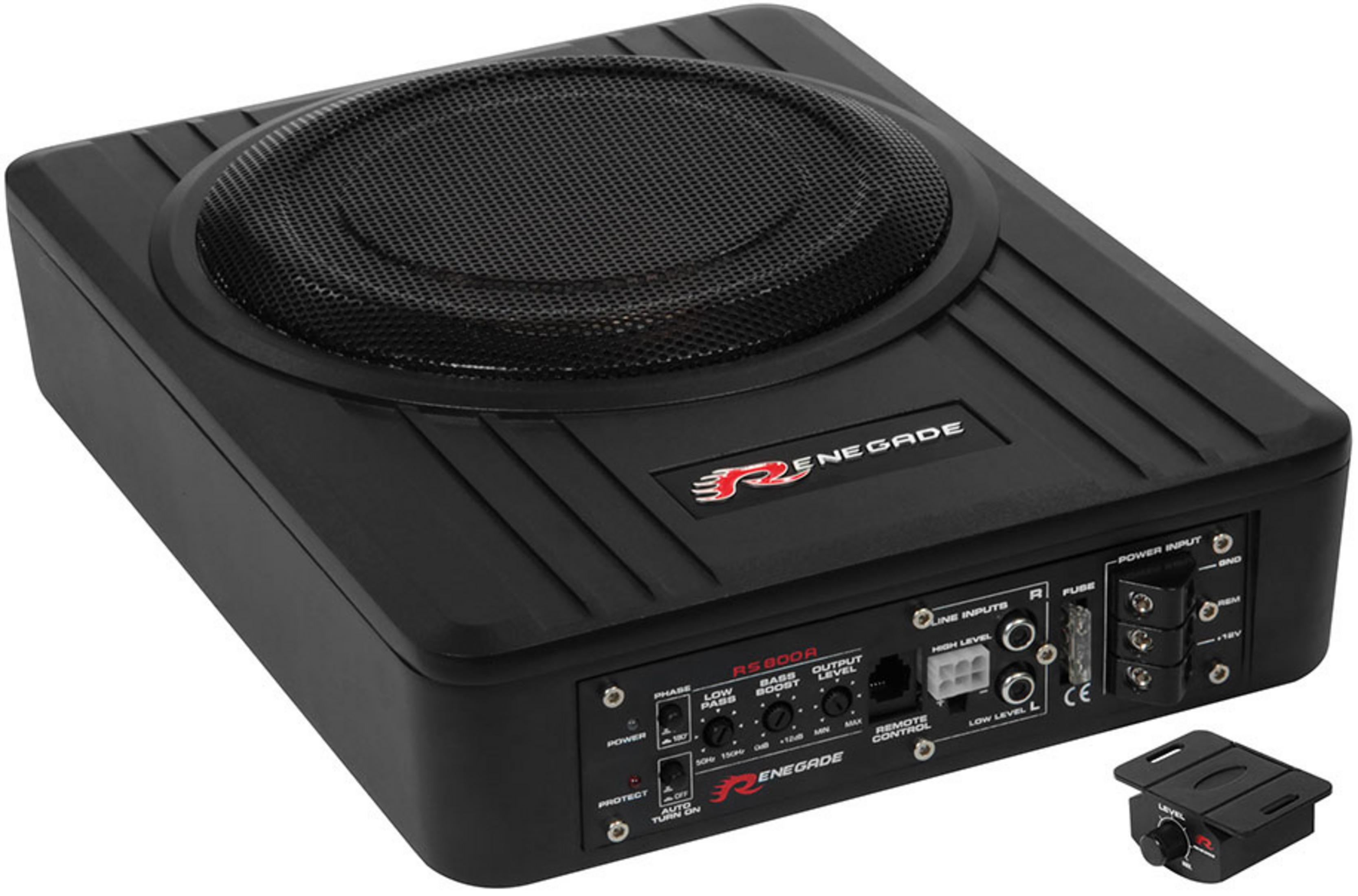 Schwarzer Subwoofer mit Bedienelementen und Gitter. 'Renegade' Marke vorne.