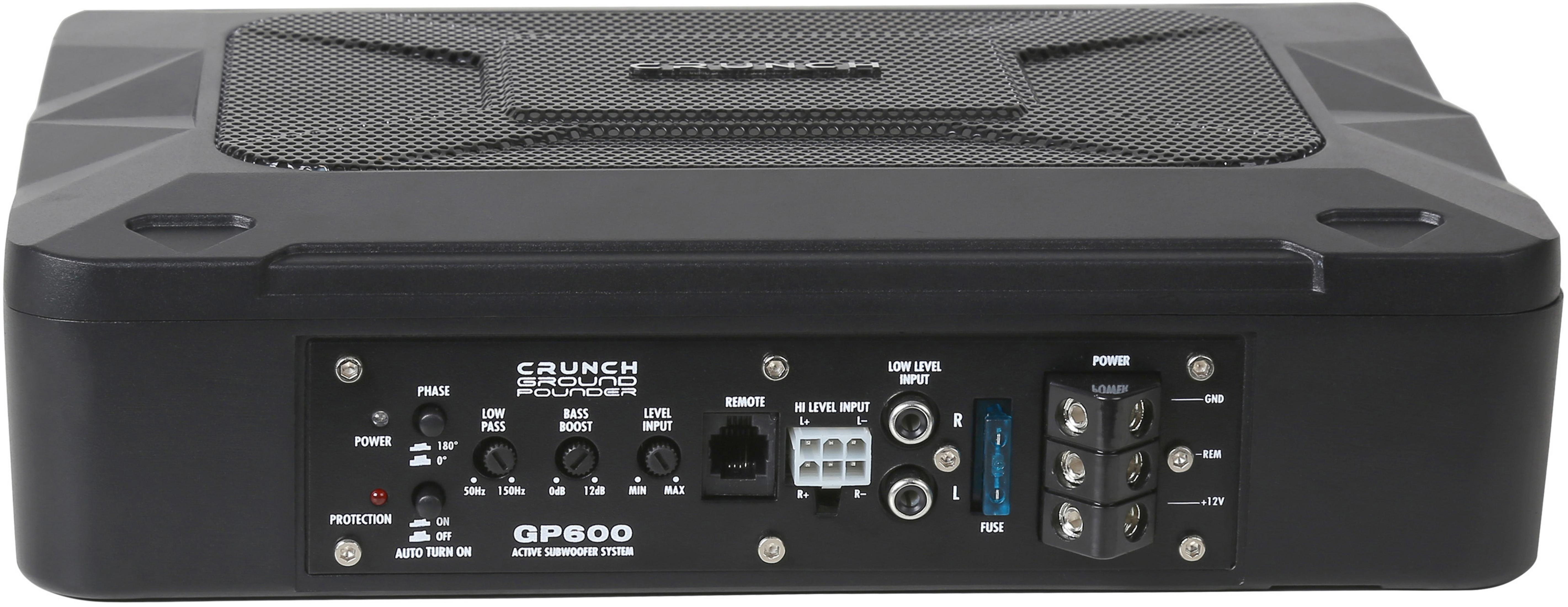 Schwarzer Crunch Ground Pounder Subwoofer. Hat verschiedene Eingänge und Bedienelemente auf der Rückseite.