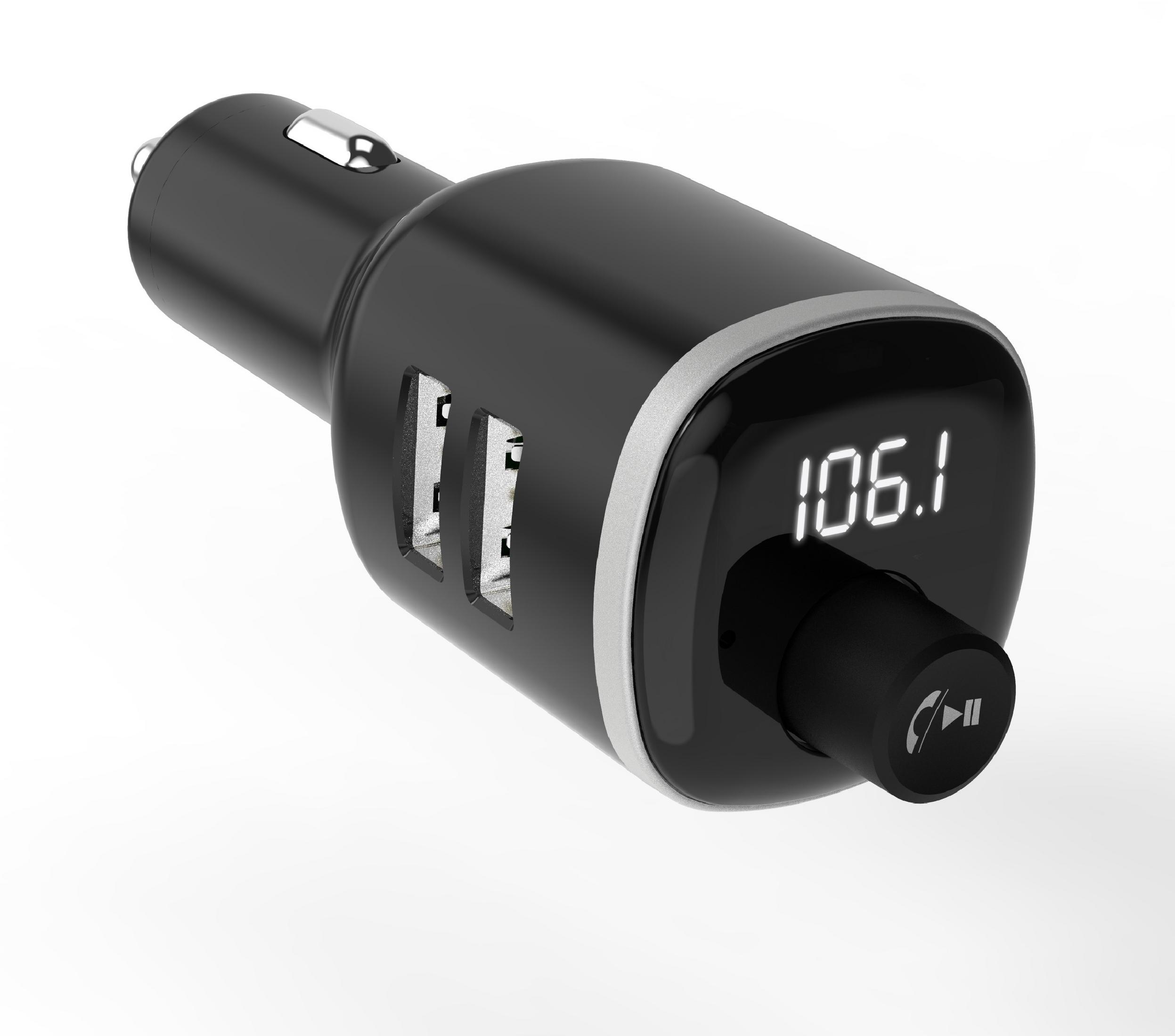 Schwarzes Autoladegerät mit zwei USB-Anschlüssen, Digitalanzeige mit 106,1 und einer Play/Pause-Taste.