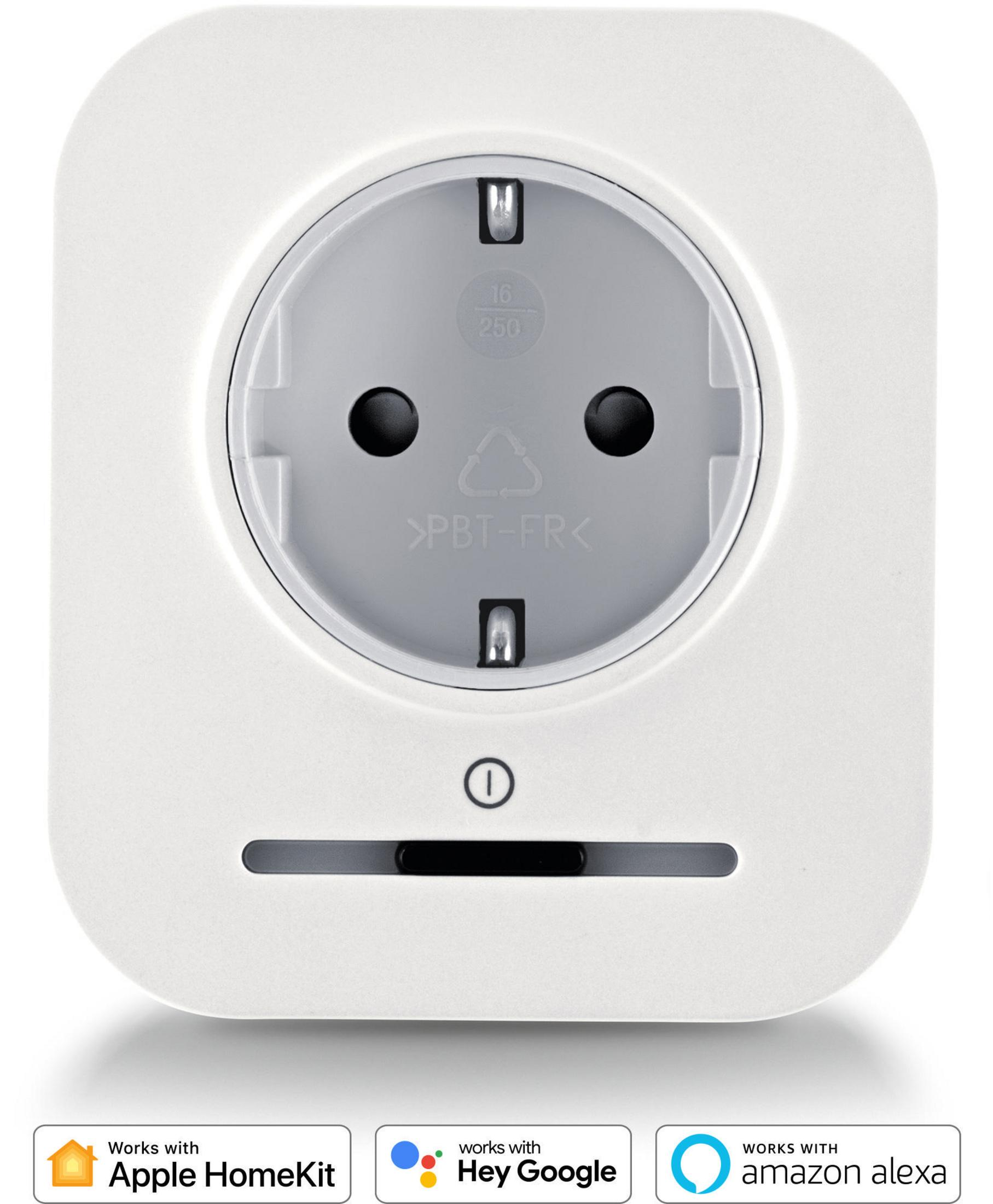 Ein weißer Smart-Stecker mit kreisförmiger Steckdose und Netzschalter.
