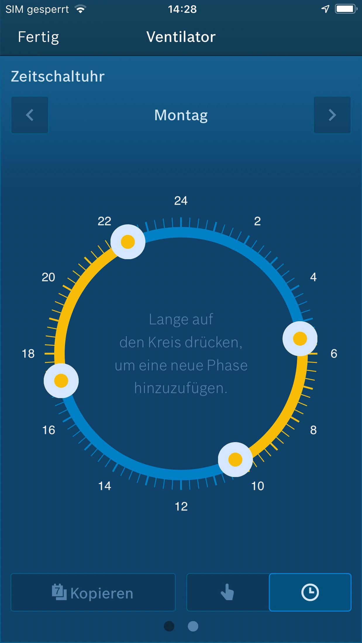 Ein Telefonbildschirm, der eine Timer-Oberfläche mit blauem und gelbem Kreisdesign anzeigt.