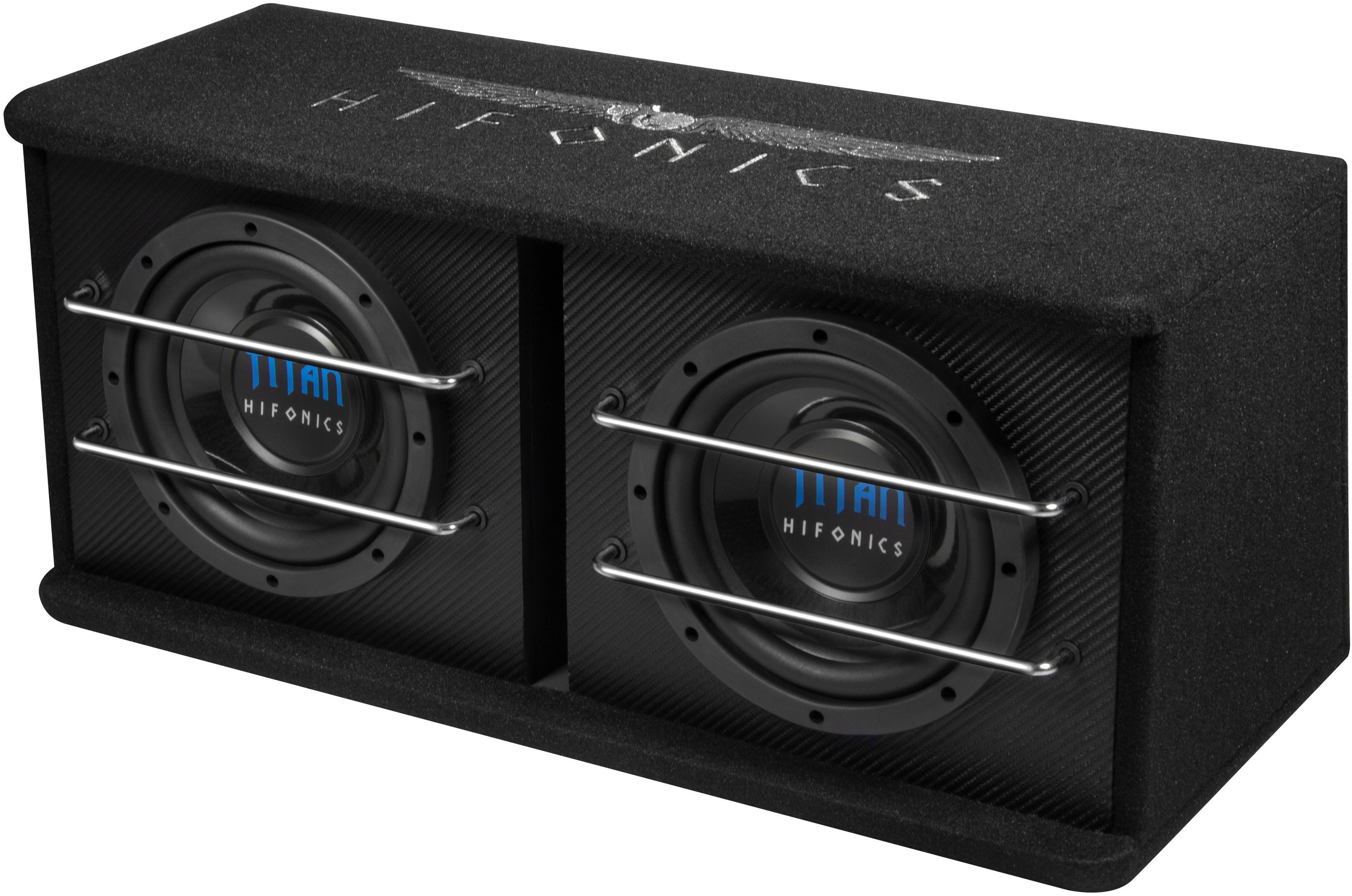 Schwarzer Subwoofer mit zwei Lautsprechern, Metallgittern und der Marke HIFONICS.