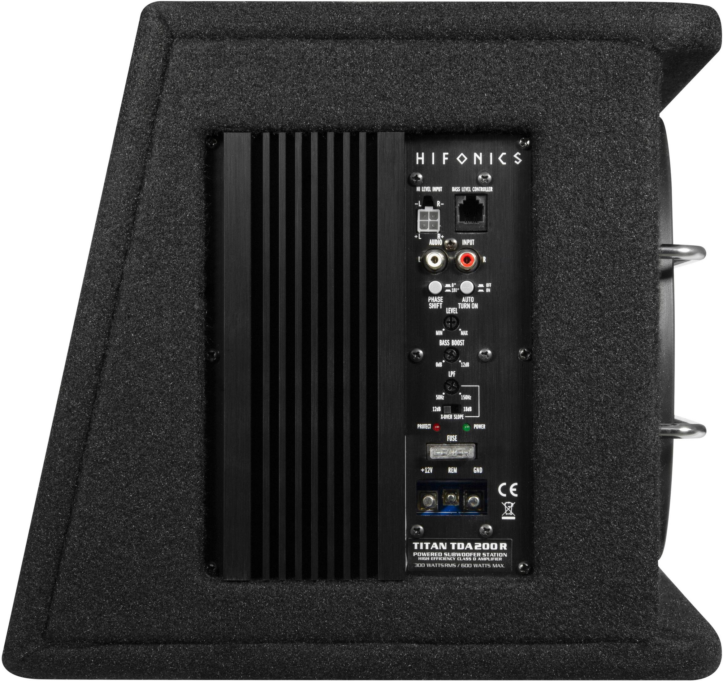 Rückseite eines schwarzen Hifonics-Subwoofers mit verschiedenen Eingängen und Bedienelementen.