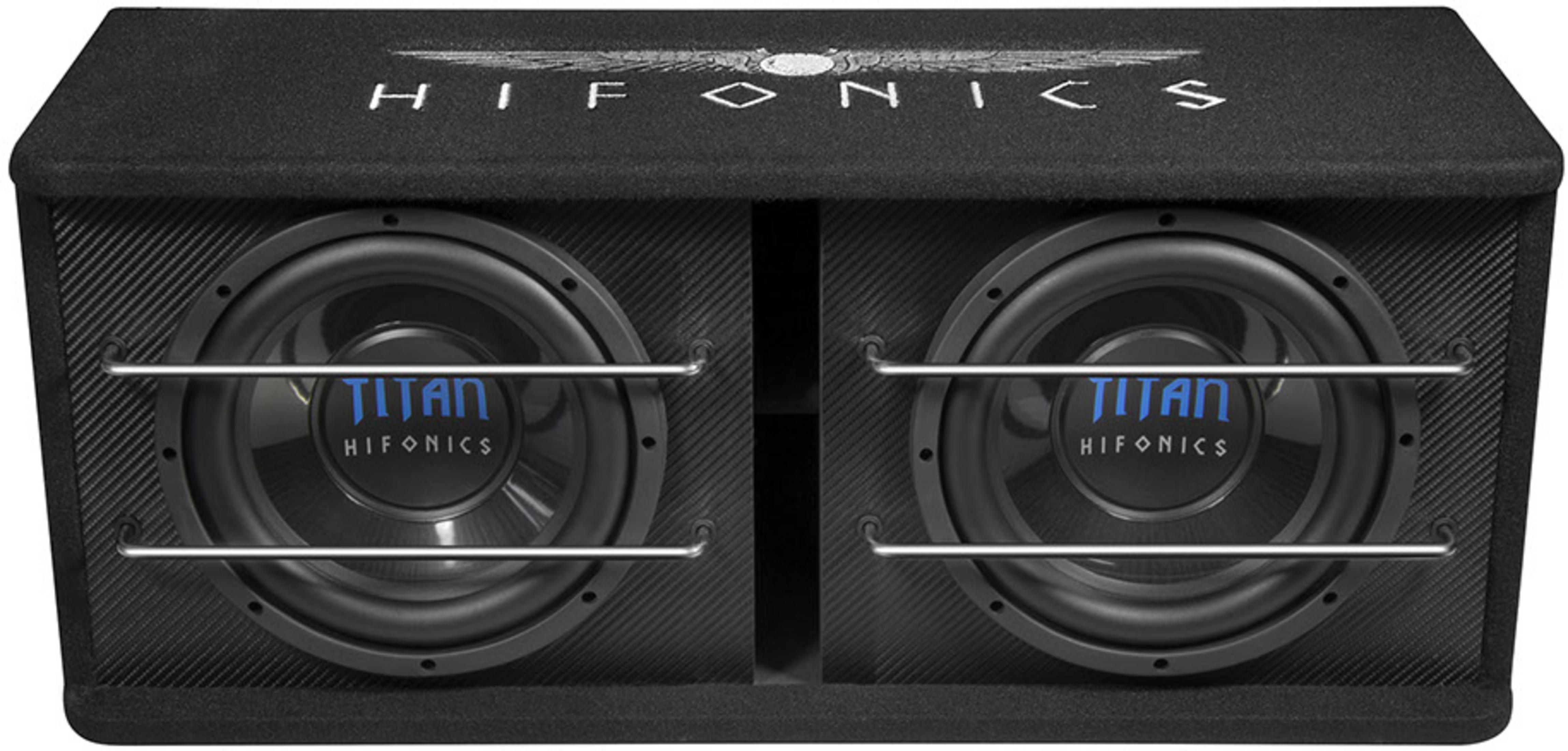 Schwarze Subwoofer-Box mit zwei Lautsprechern, dem Logo auf der Vorderseite und dem Wort HIFONICS.