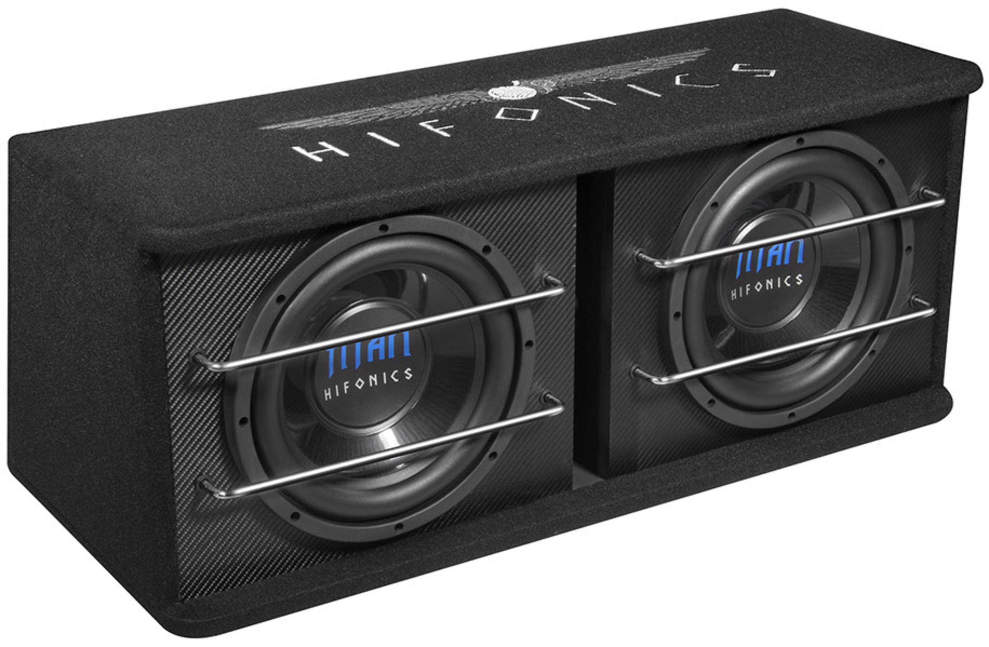 Schwarzer Subwoofer mit zwei Lautsprechern, Metallgittern und dem Wort HIFONICS. Weißer Hintergrund.