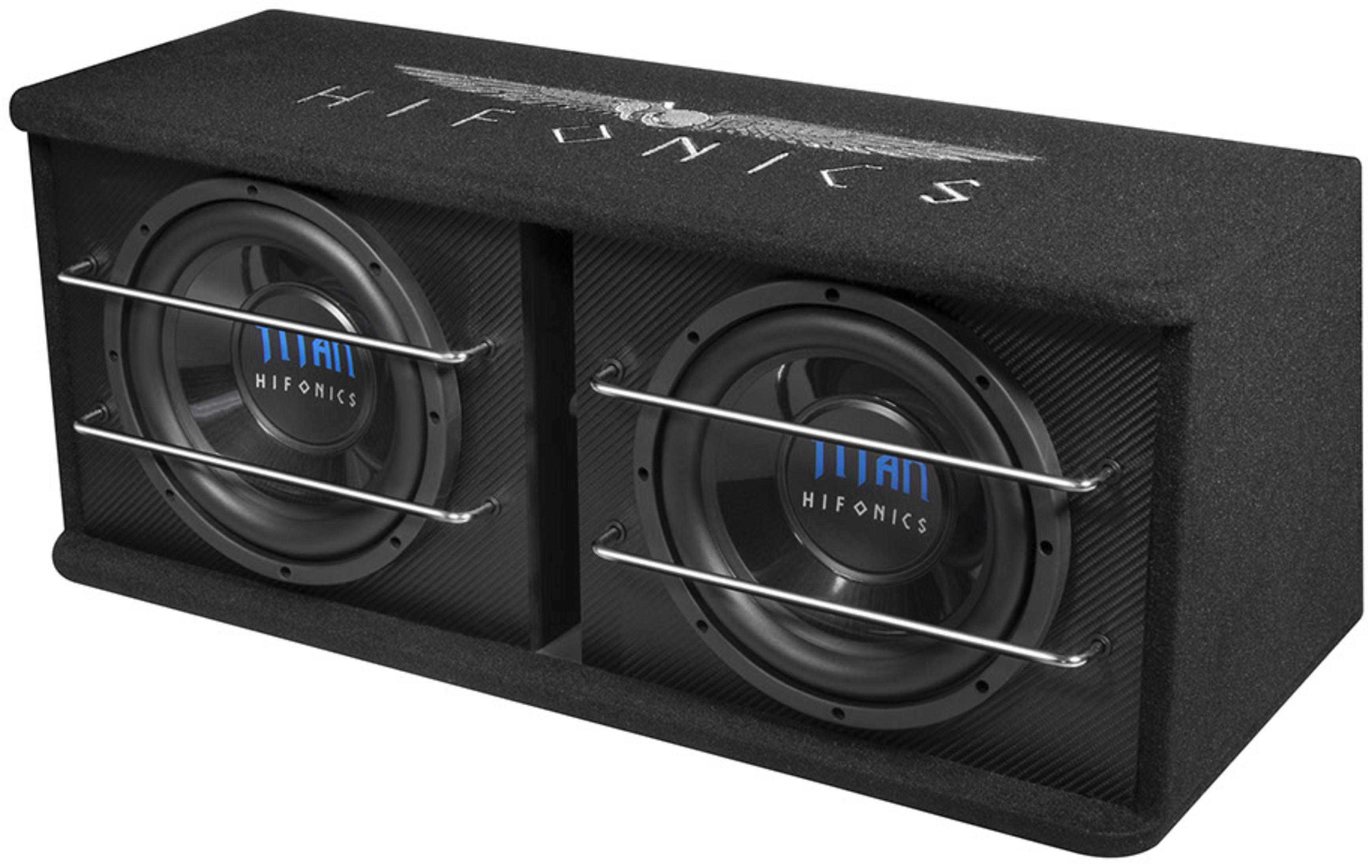 Schwarzer Subwoofer mit zwei Lautsprechern. Die Front hat Metallgitter und der Markenname ist sichtbar.
