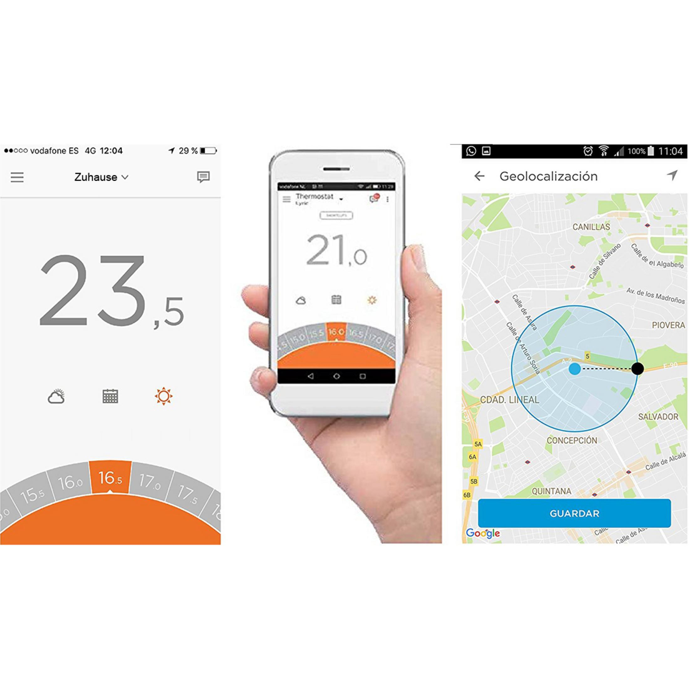 Smart Home App-Bildschirme mit Temperatureinstellungen und Karte mit Standort.