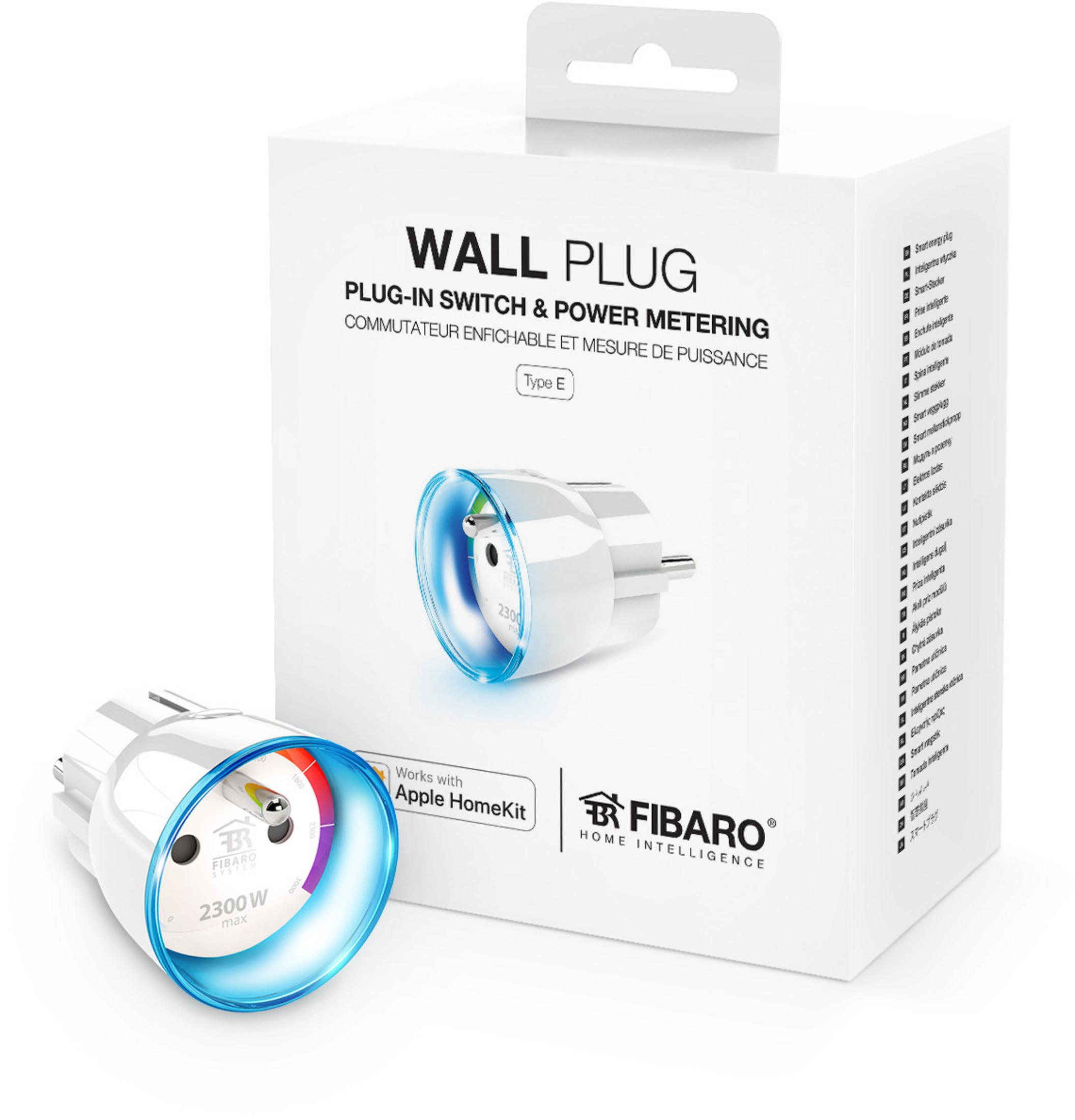 Weiß-blauer Smart-Stecker mit Box, Produkt und Verpackung zeigend.