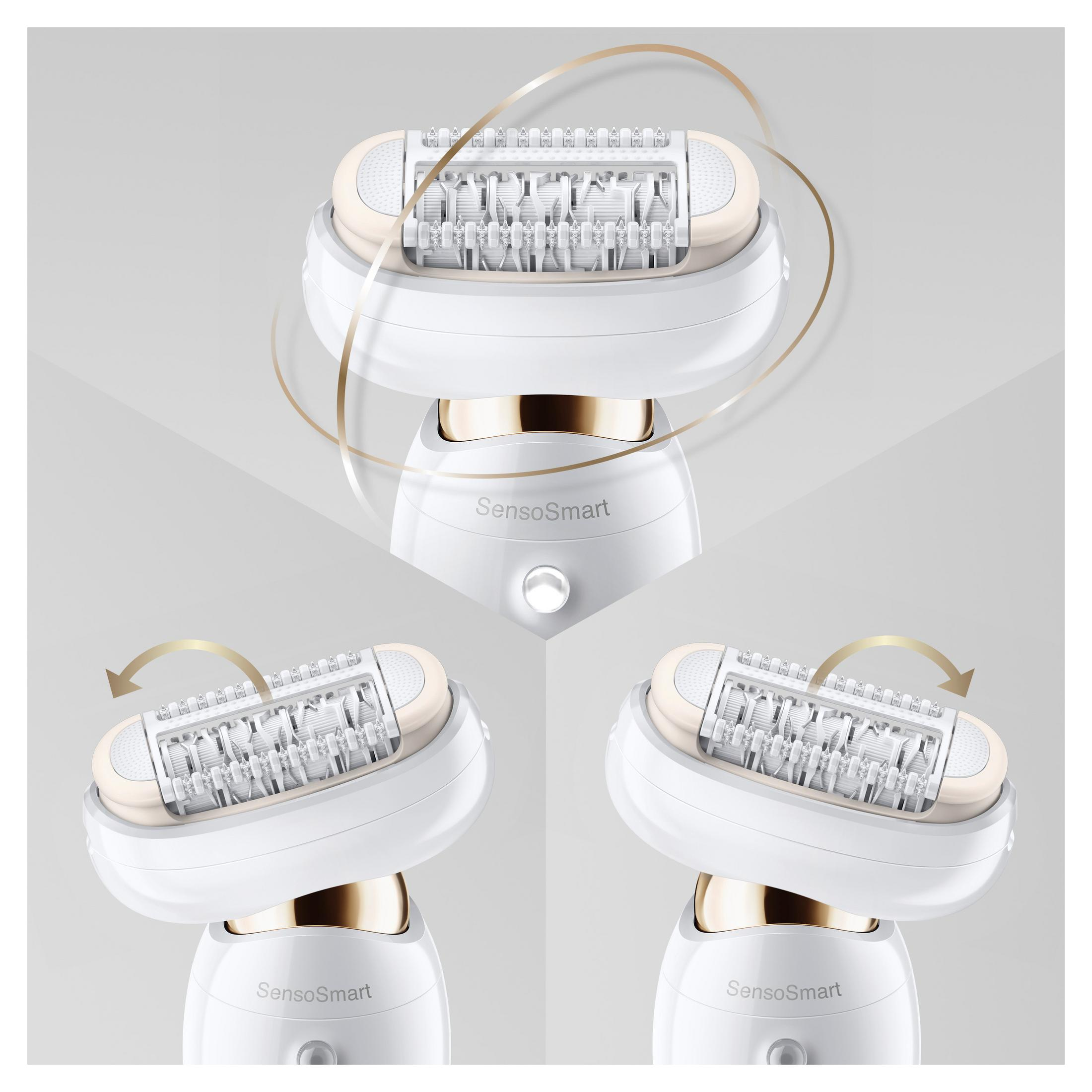 Biały depilator z obrotowymi głowicami, złotymi akcentami i logo SensoSmart.